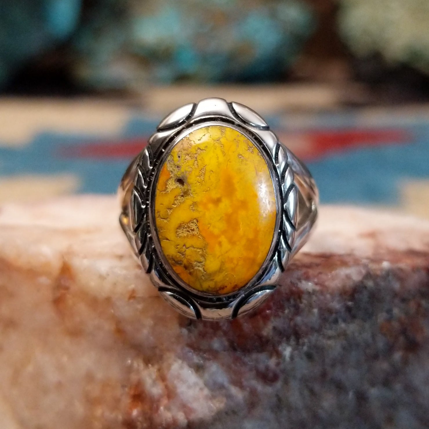 Sterling silver ring with bumblebee jasper and stamped silverwork.