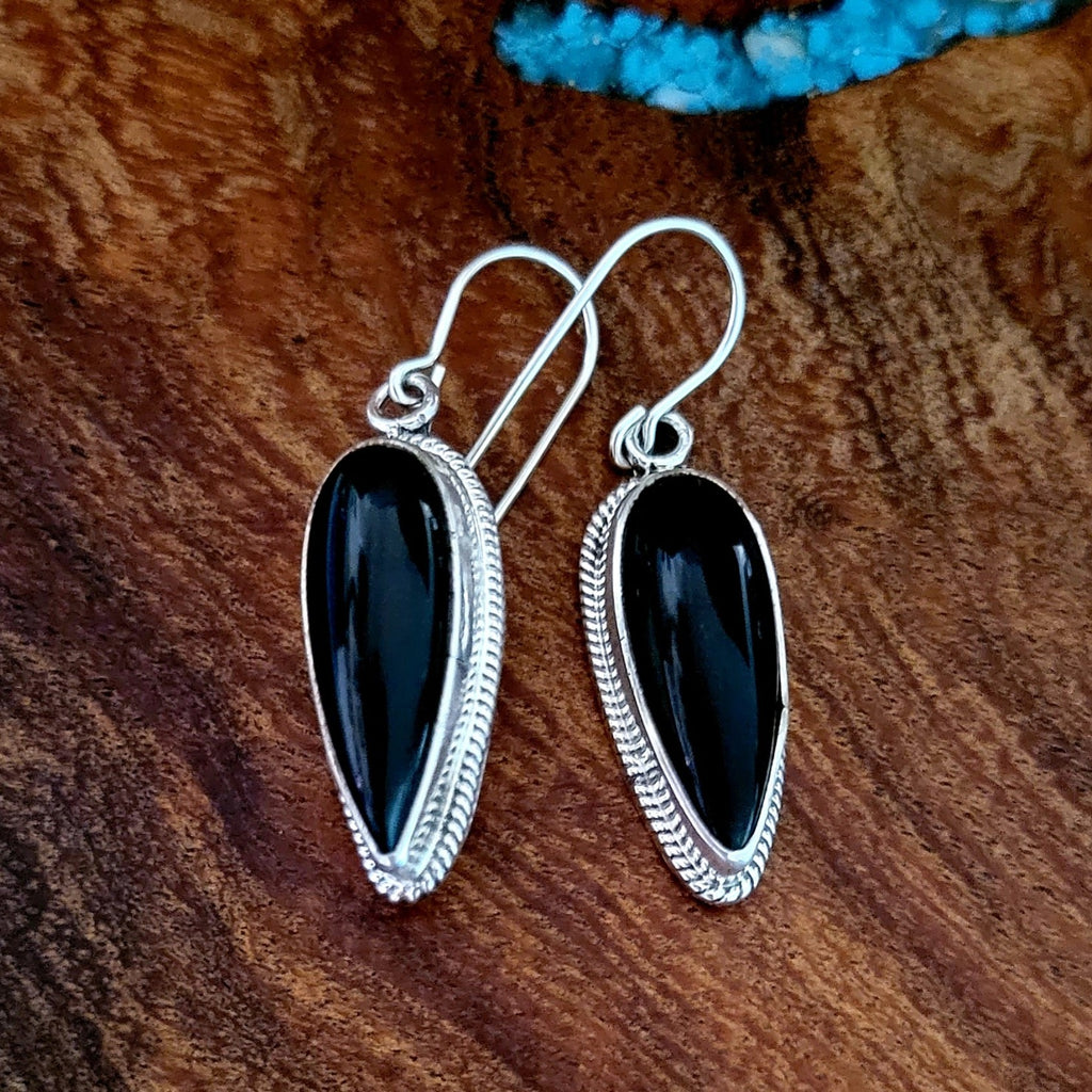Onyx and Sterling Silver Drop Earrings Front View