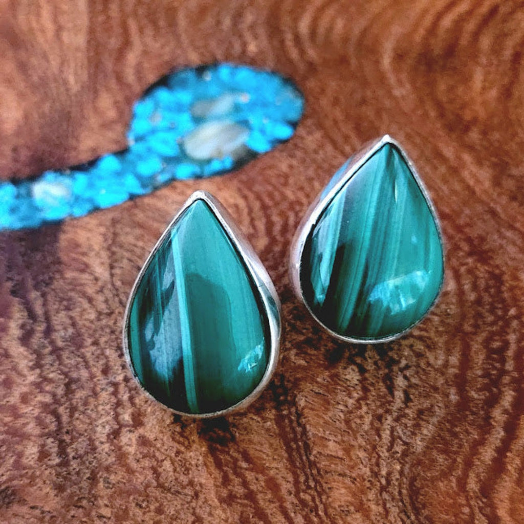 malachite and sterling silver teardrop earrings front view