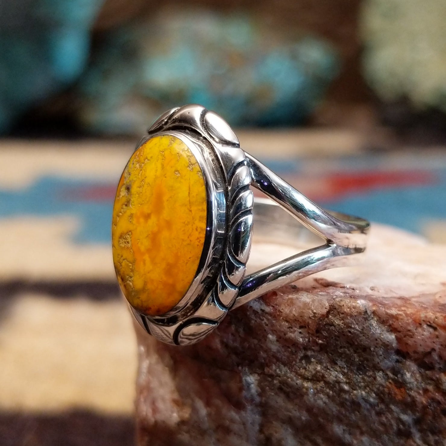 Sterling silver ring with bumblebee jasper and stamped silverwork.