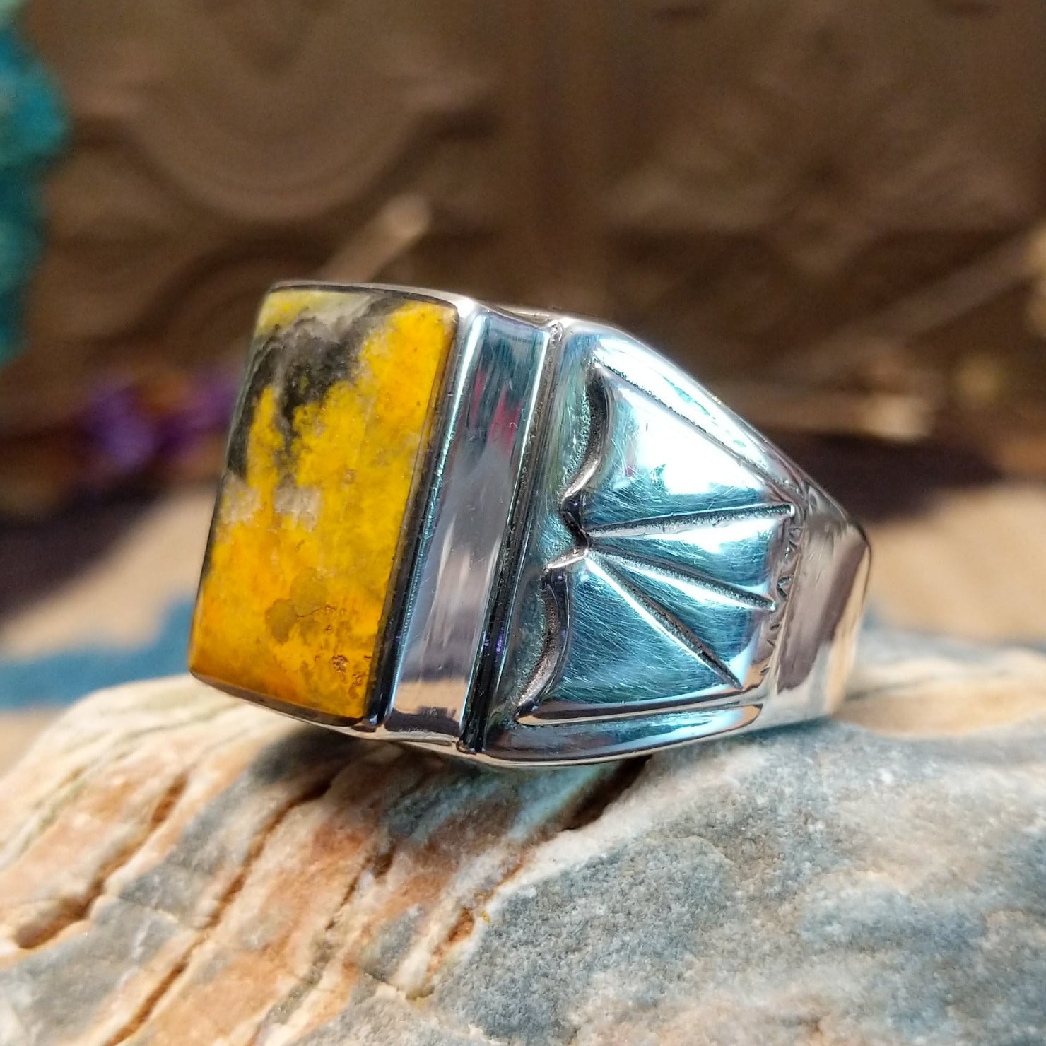 Sterling silver ring with bumblebee jasper set in the rectangular bezel.