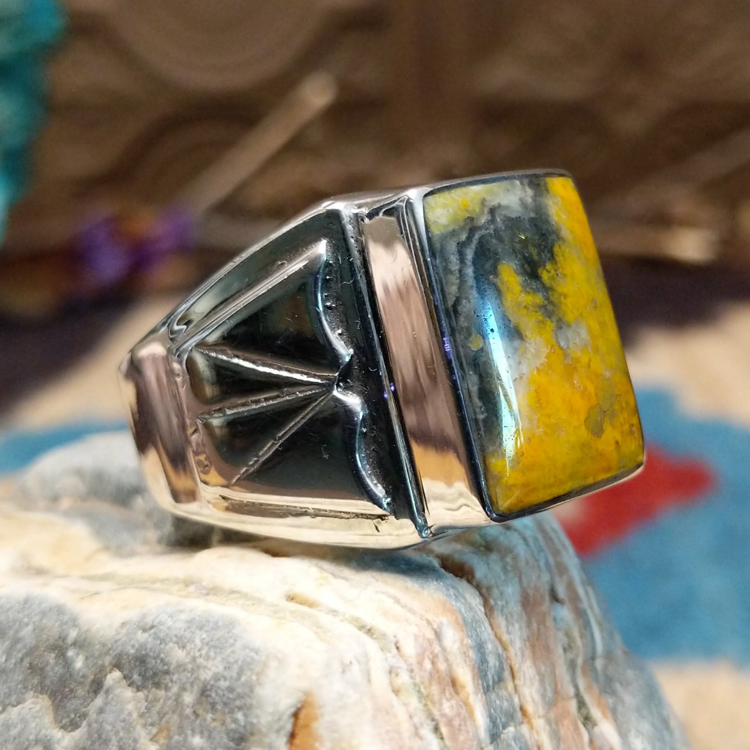 Sterling silver ring with bumblebee jasper set in the rectangular bezel.