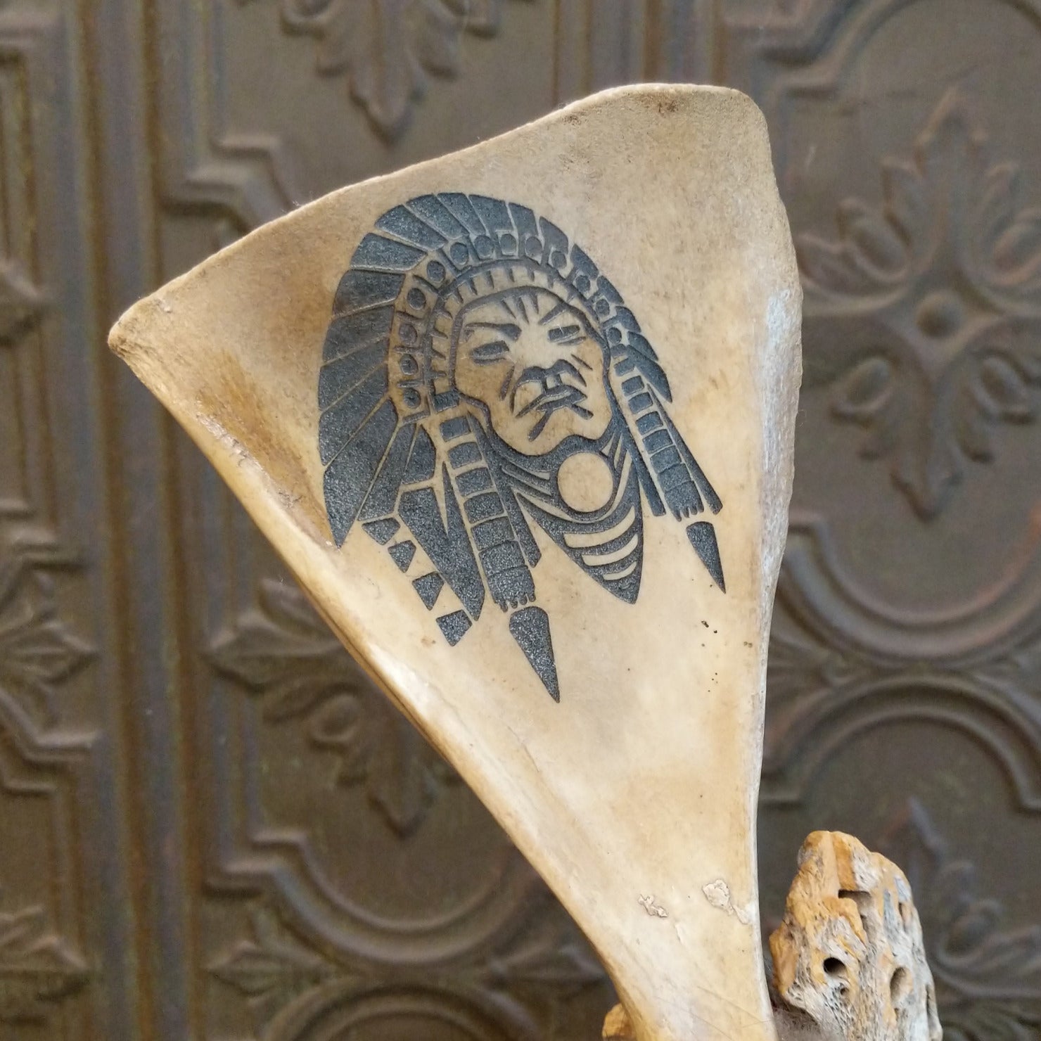 Deer shoulder blade engraved with headdress design.