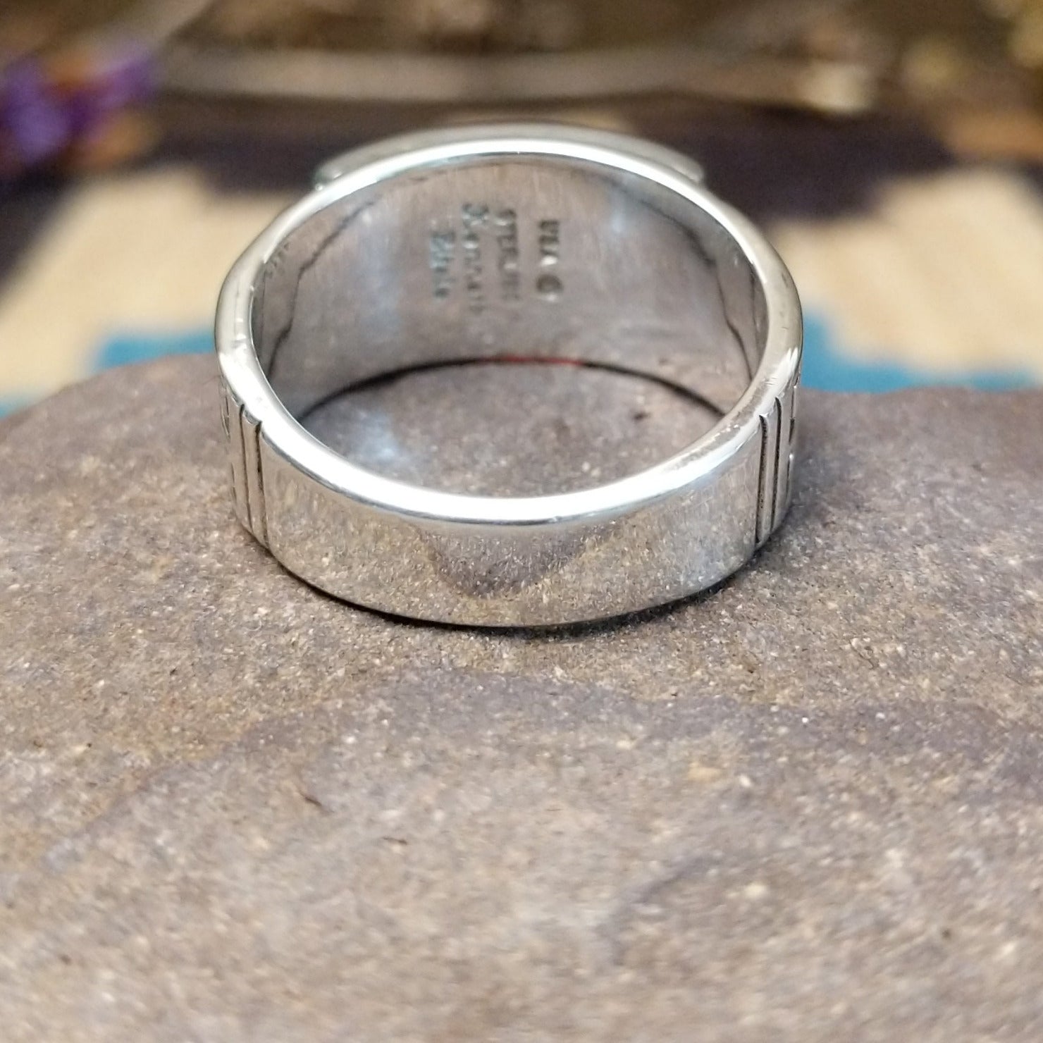Sterling silver ring with inlay of Sonoran gold turquoise and white manmade opal set in the square bezel.