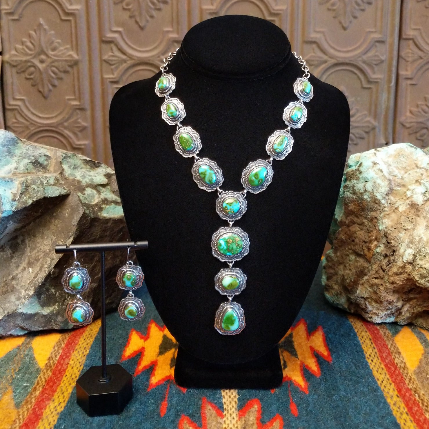 Necklace and earrings set with Sonoran Gold turquoise set in sterling silver bezels, framed by twisted rope and frilled-edge settings.