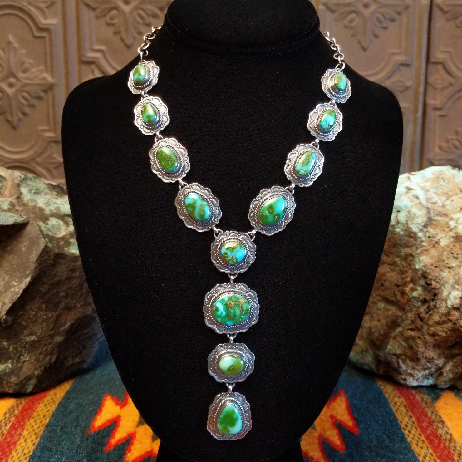 Necklace with Sonoran Gold turquoise set in sterling silver bezels, framed by twisted rope and frilled-edge settings.
