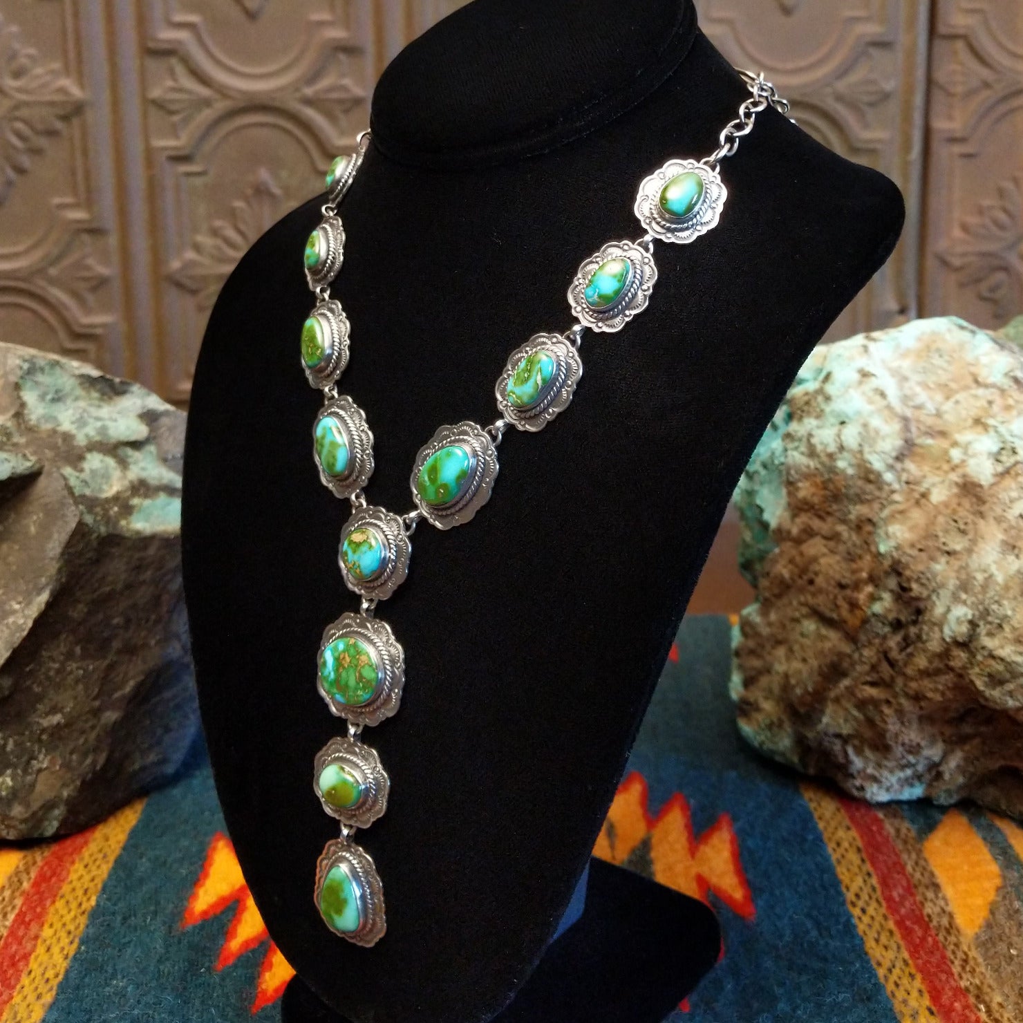 Necklace with Sonoran Gold turquoise set in sterling silver bezels, framed by twisted rope and frilled-edge settings.