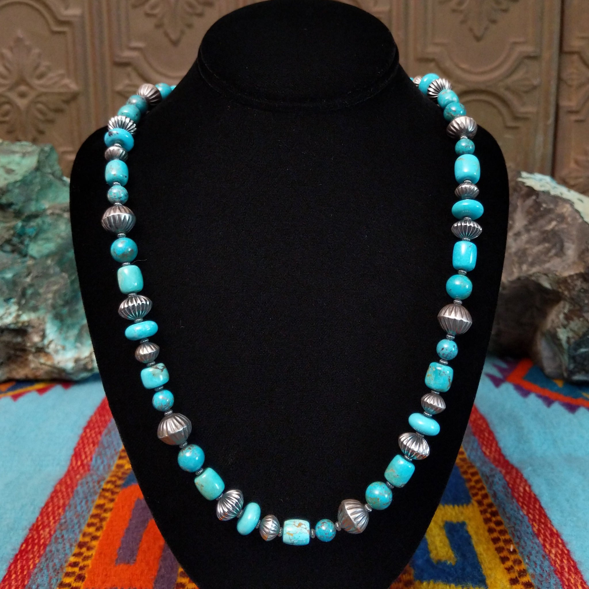 Kingman turquoise necklace with alternating turquoise beads and fluted sterling silver beads