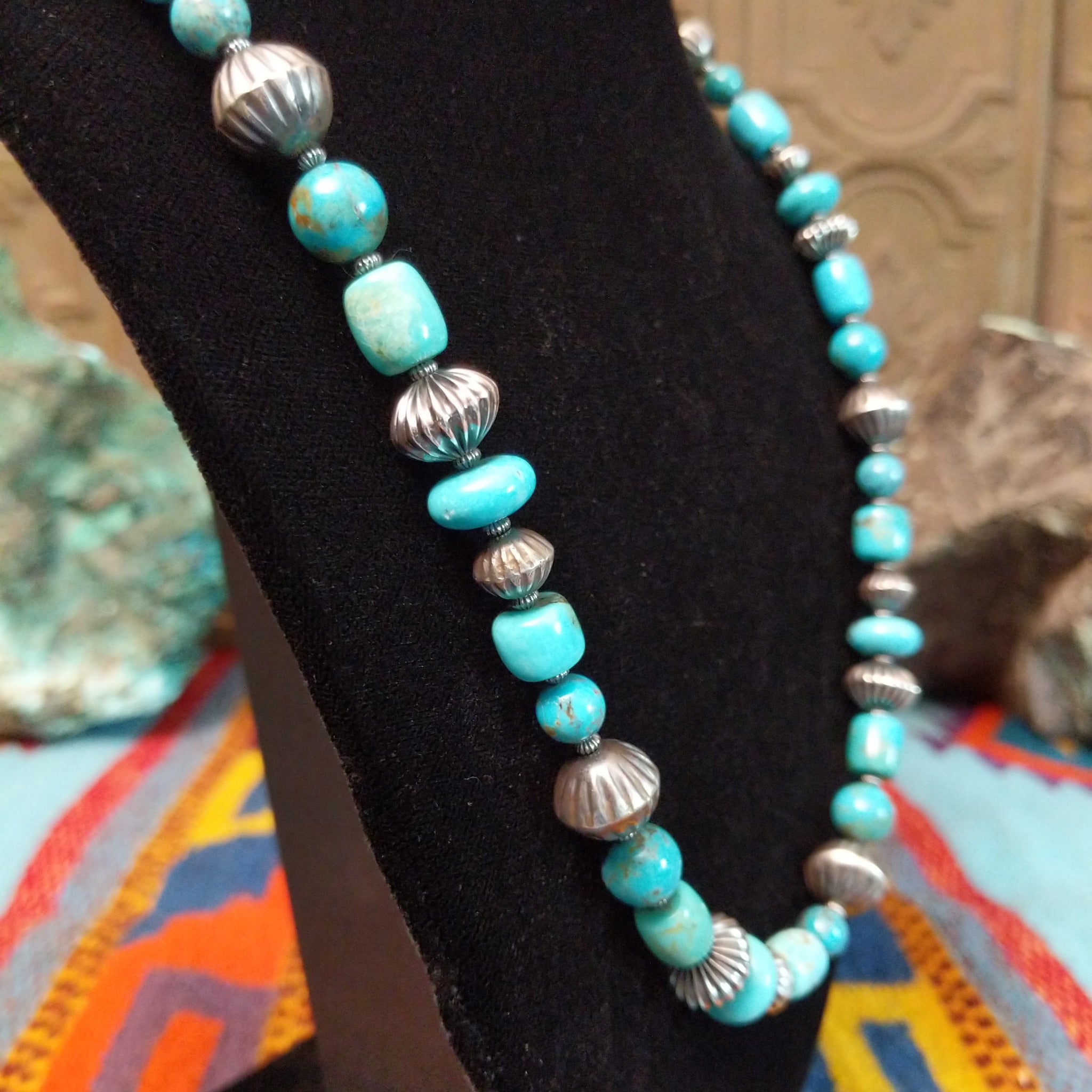 Kingman turquoise necklace with alternating turquoise beads and fluted sterling silver beads