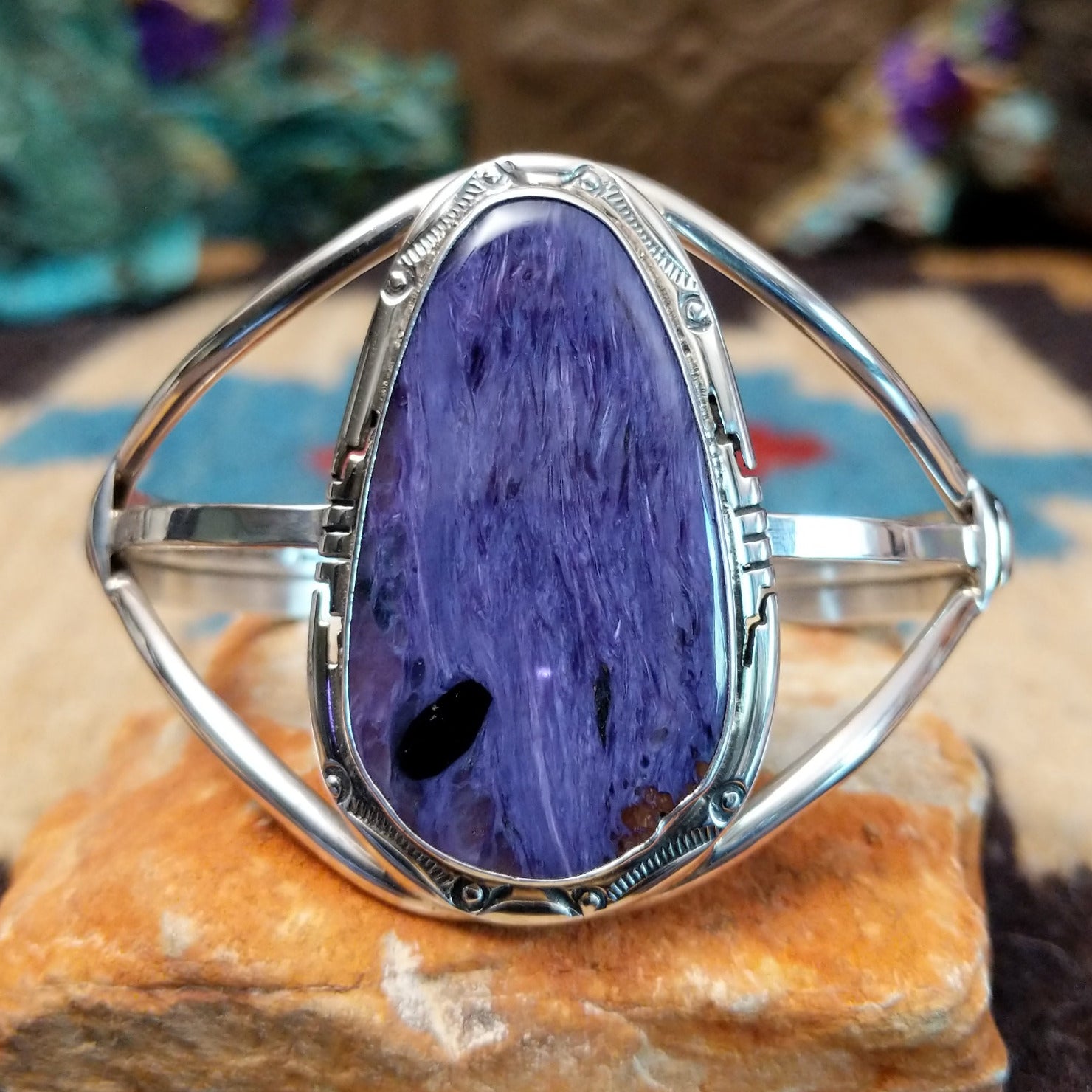 Large charoite cuff by Richard Kee, featuring a bold purple charoite stone with natural swirling patterns and handcrafted Southwestern-inspired metalwork.