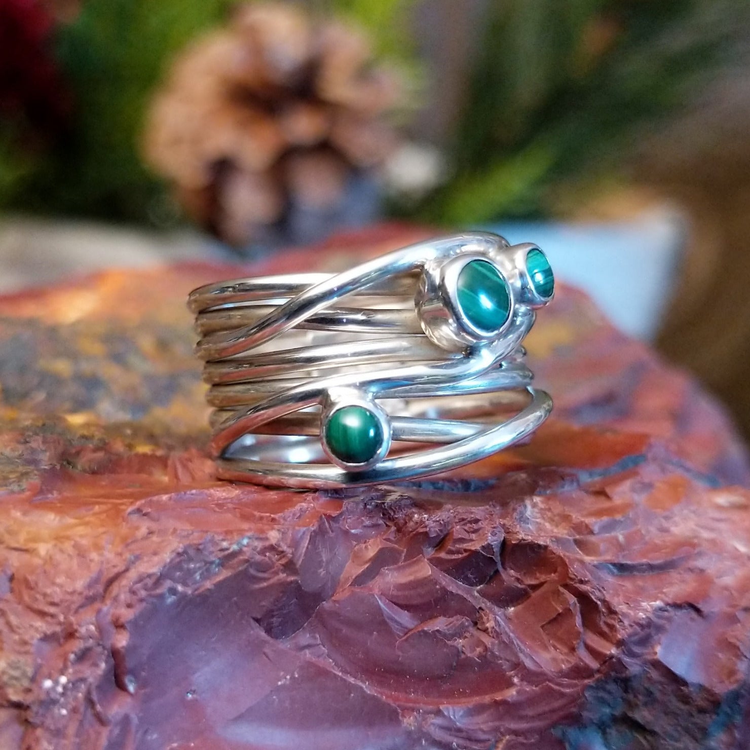 Layered sterling silver ring with malachite set in the bezels.