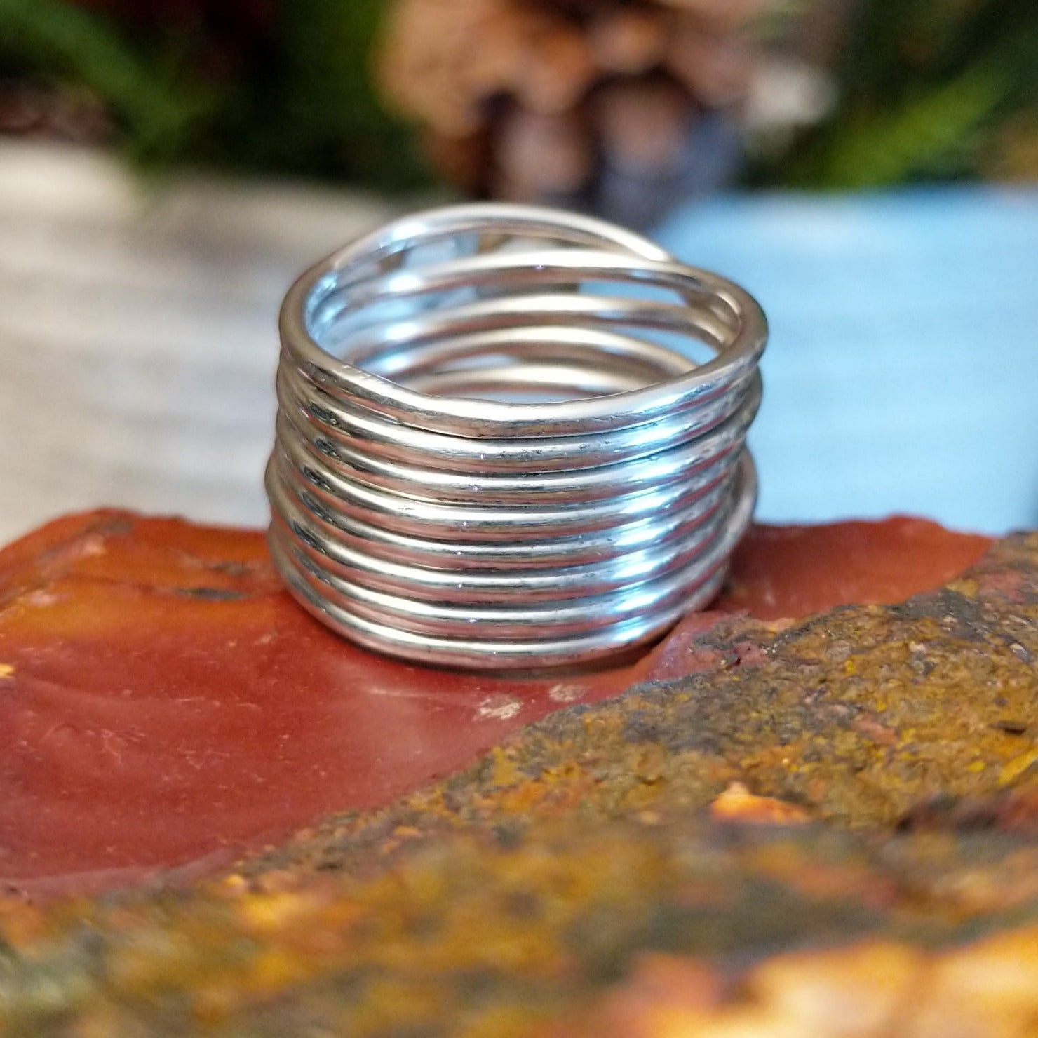 Layered sterling silver ring with malachite set in the bezels.