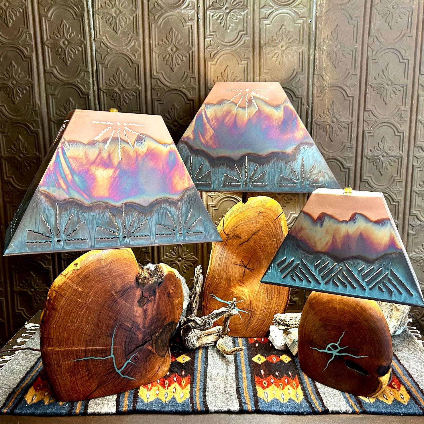 Mesquite wood base showcases natural turquoise inlays, topped with a copper shade.