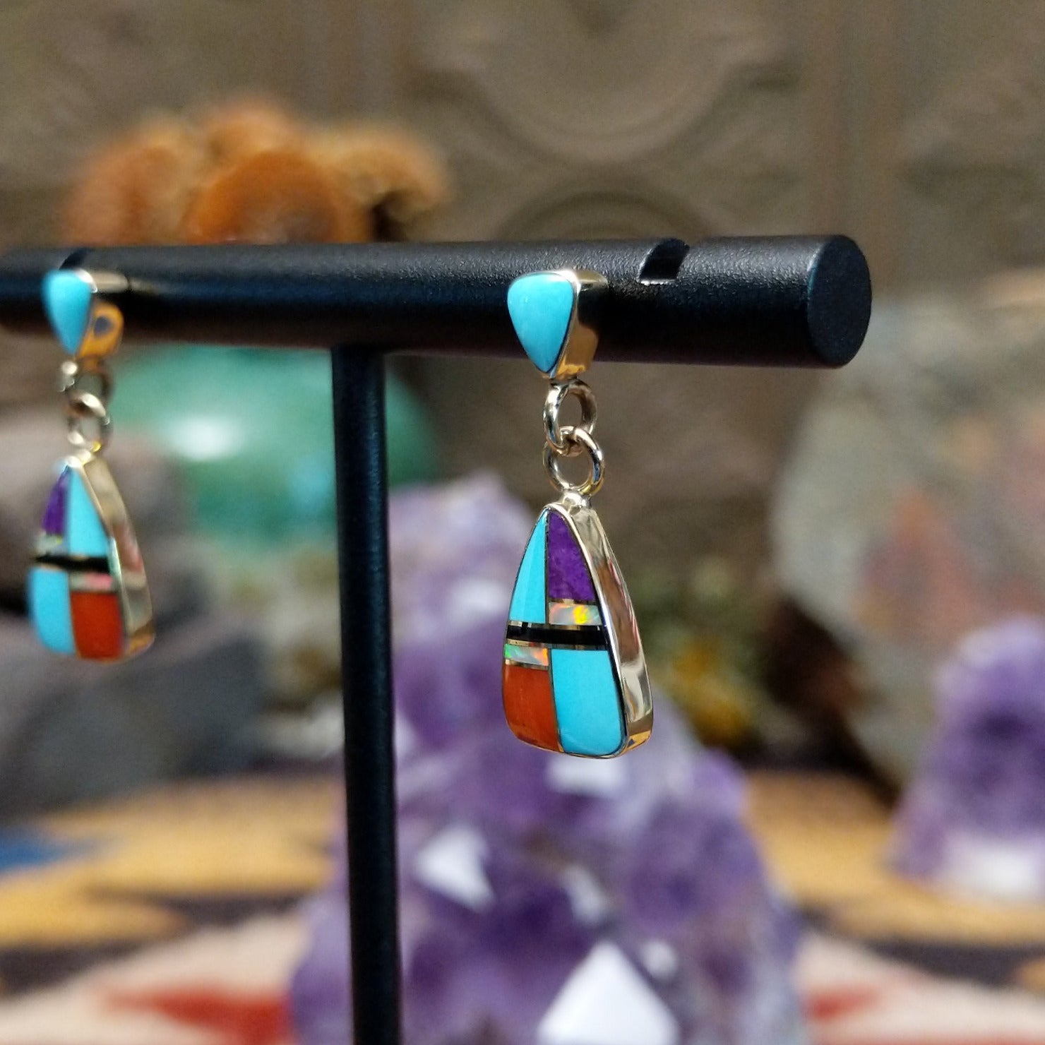 14kt gold Virgil Reeder earrings with geometric multistone teardrop inlay.