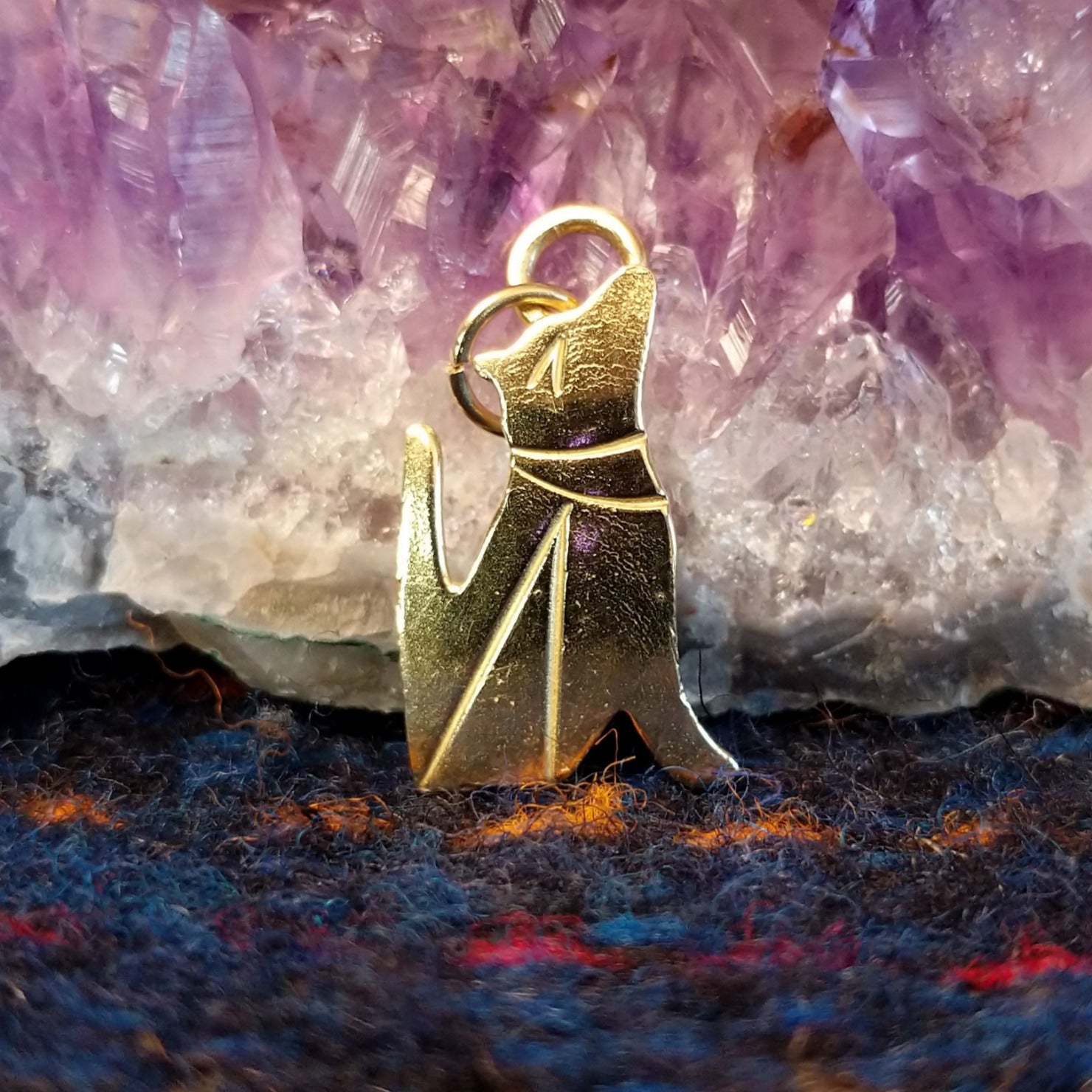Polished gold coyote pendant.