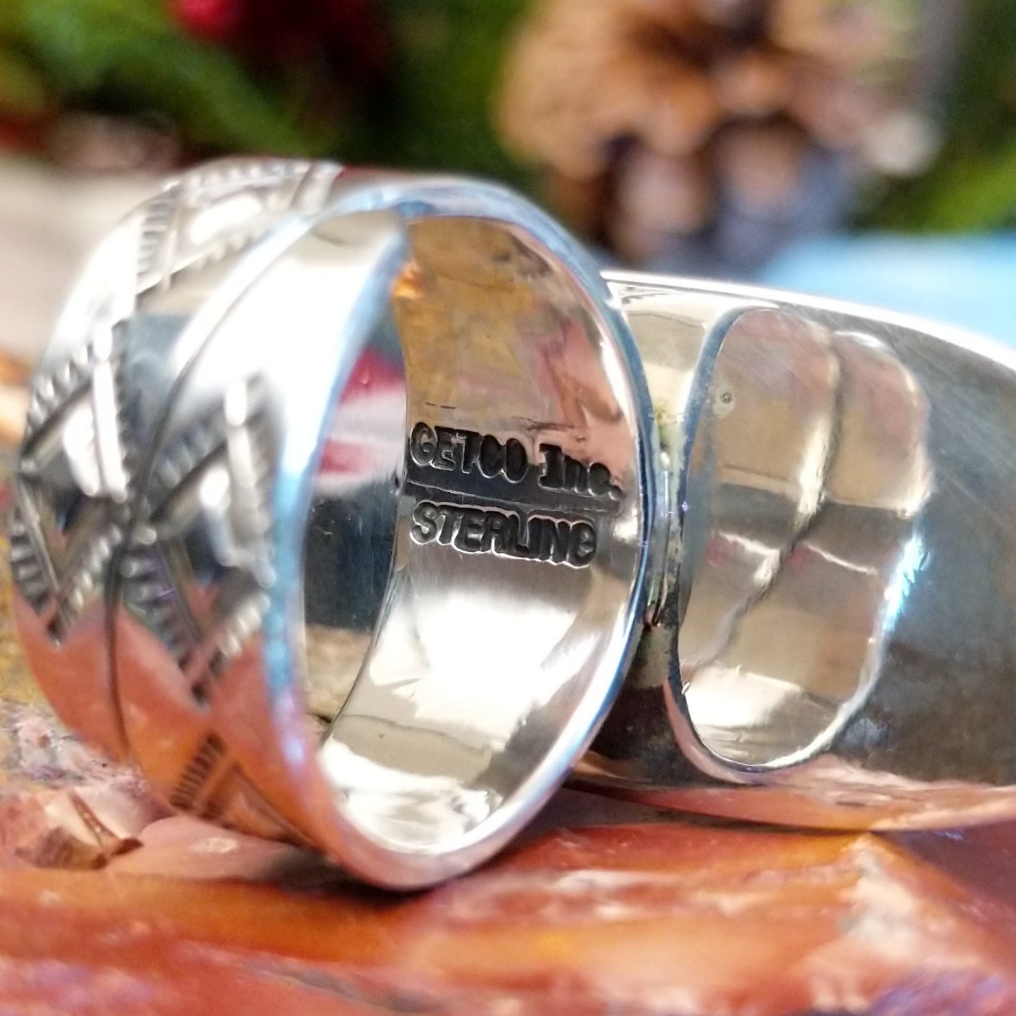 Close-up of the stamped interior of the ring.