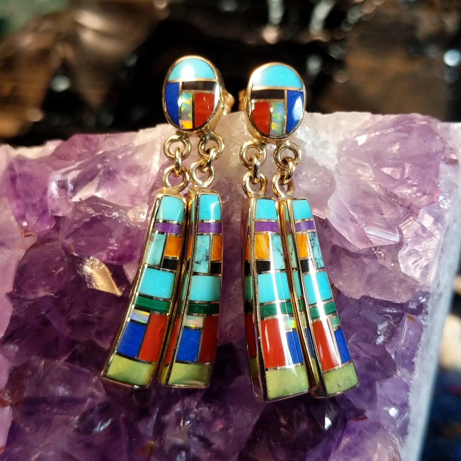 Navajo multi-stone inlay dual dangle gold earrings.