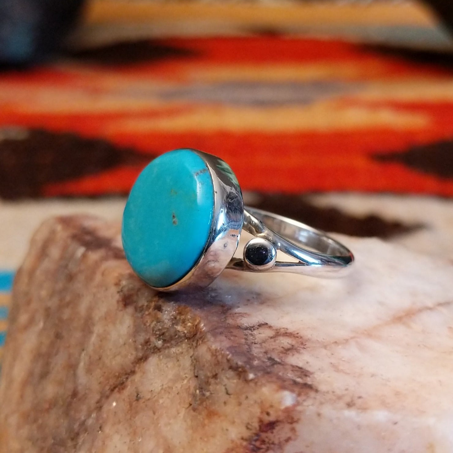 Sterling silver ring with Kingman turquoise set in the round bezel.