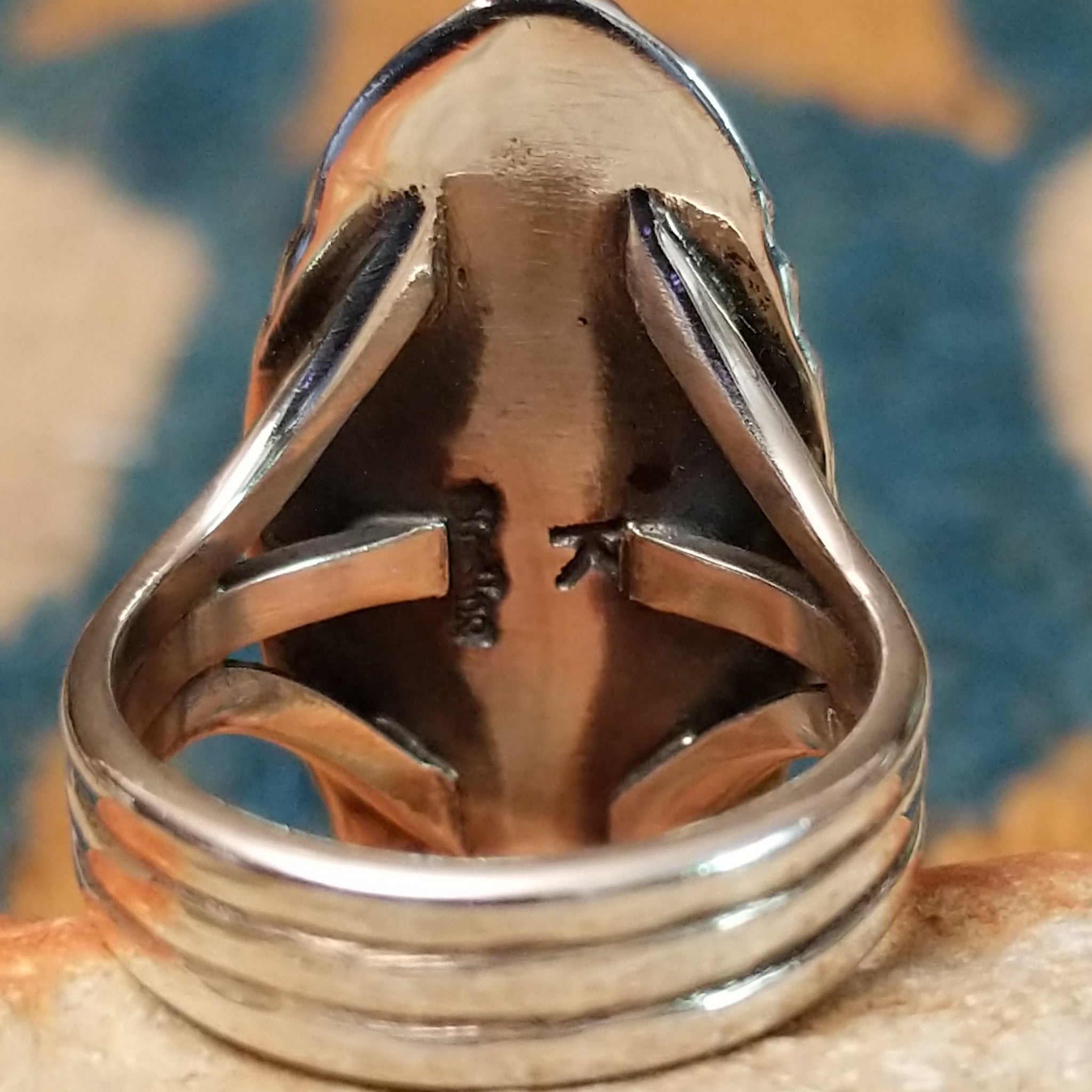 Handcrafted sterling silver Navajo Royston turquoise navette ring by K., featuring a natural Royston turquoise gemstone with brown matrix in a classic navette setting; artisan and Sterling Silver stamp.