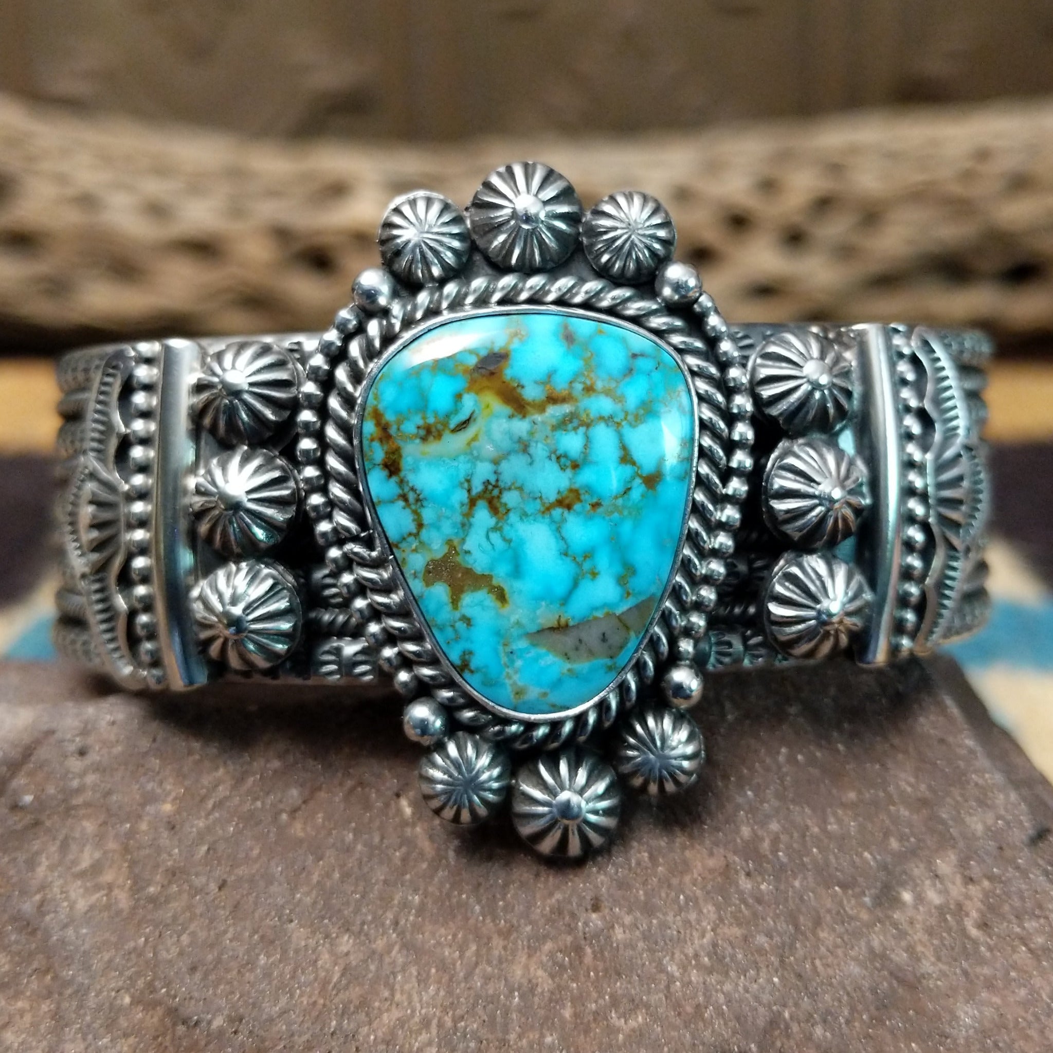 Ornate Kingman Turquoise Cuff by Michael Calladitto GJ-BRC-0354