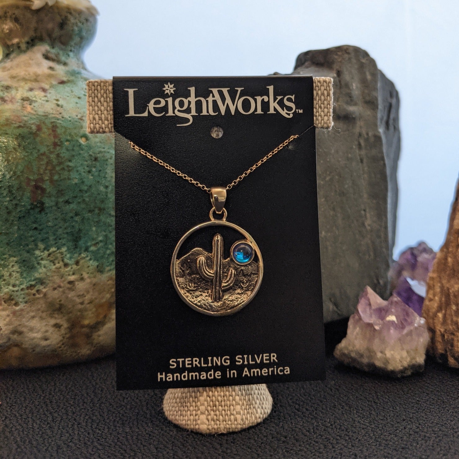 Cactus Pendant Sterling Silver Necklace by LeightWorks GJ-NKL-0008 (Blue)