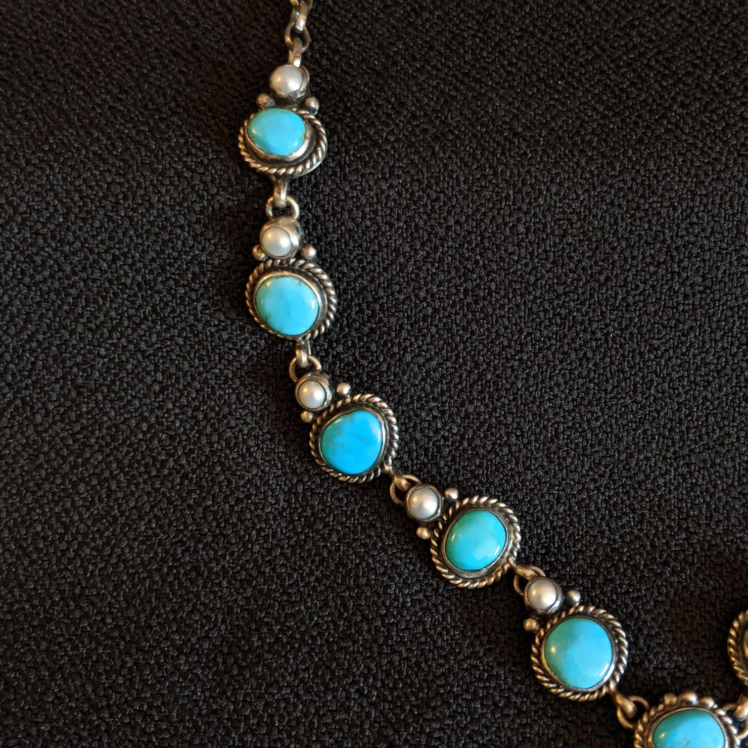 Navajo Made Bluebird Turquoise & Freshwater Pearl Necklace Set by L.D. GJ-JWS-0014