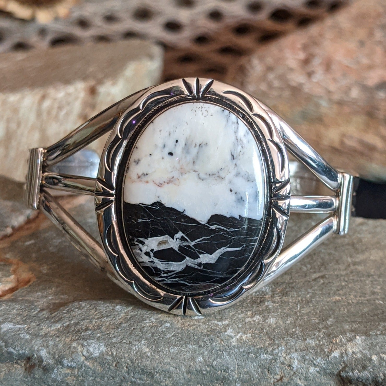 Navajo Made Large Oval White Turquoise Cuff GJ-BRC-0079