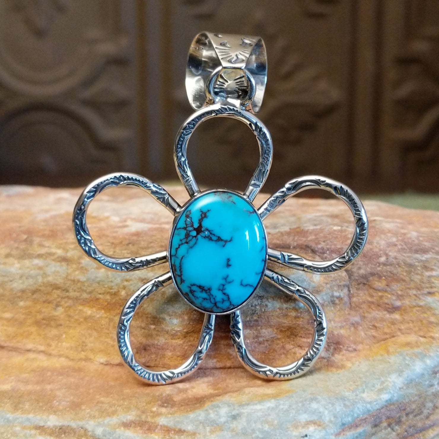 Red Skin Turquoise Flower Pendant by Everett & Mary Teller SWSG-PND-0010