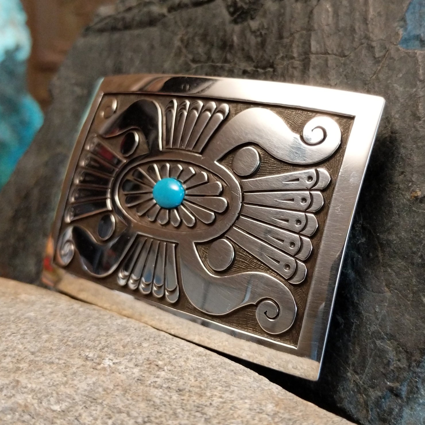 Turquoise Etched Buckle by Vernon Begay SWSG-BKL-0004