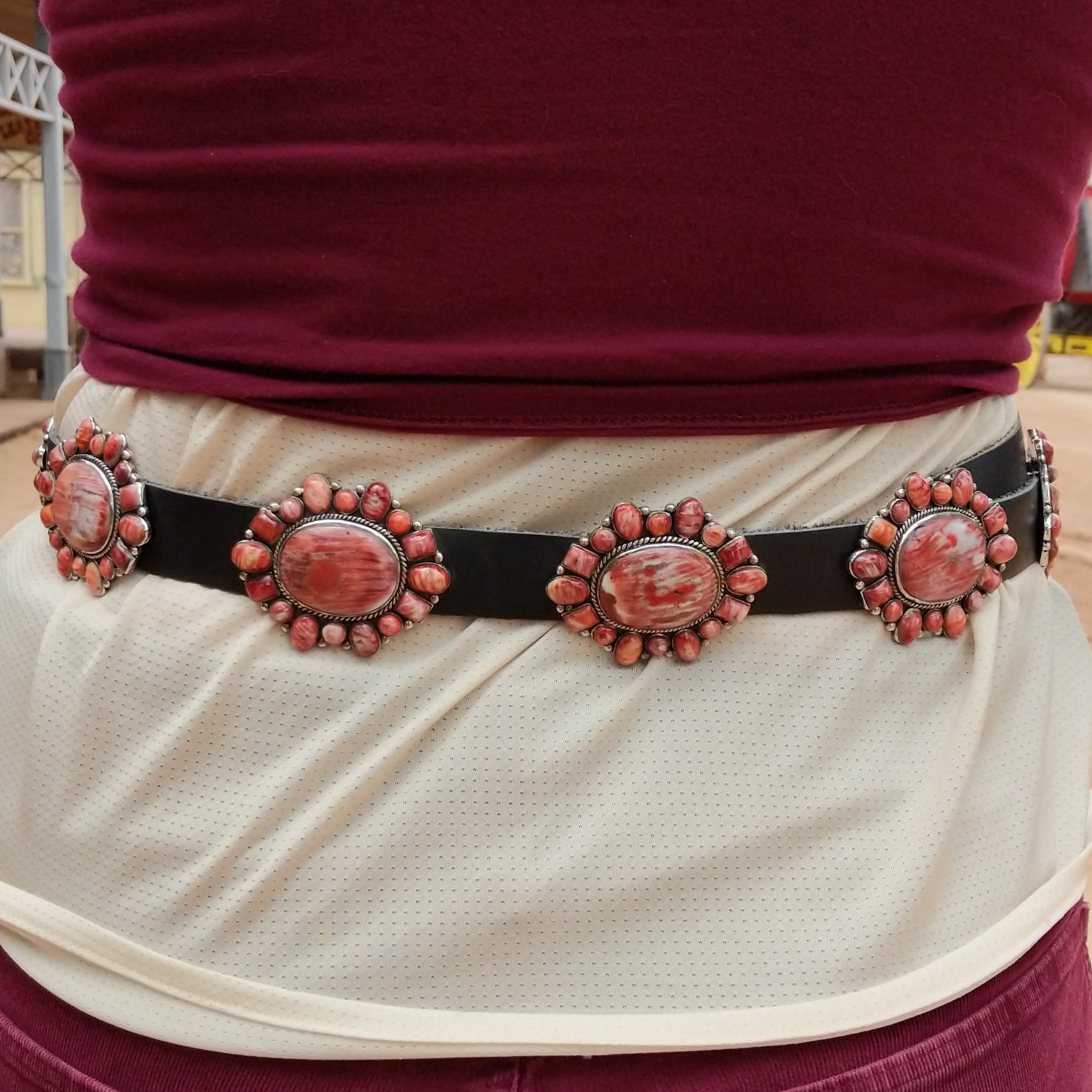 Red Spiny Oyster Shell Concho Leather Belt by Thomas Nez GJ-BLT-0004