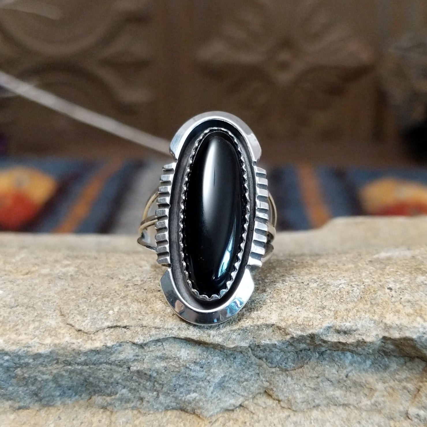 Navajo Made Black Onyx Shadowbox Ring SWSG-RNG-0057 Size 5.5