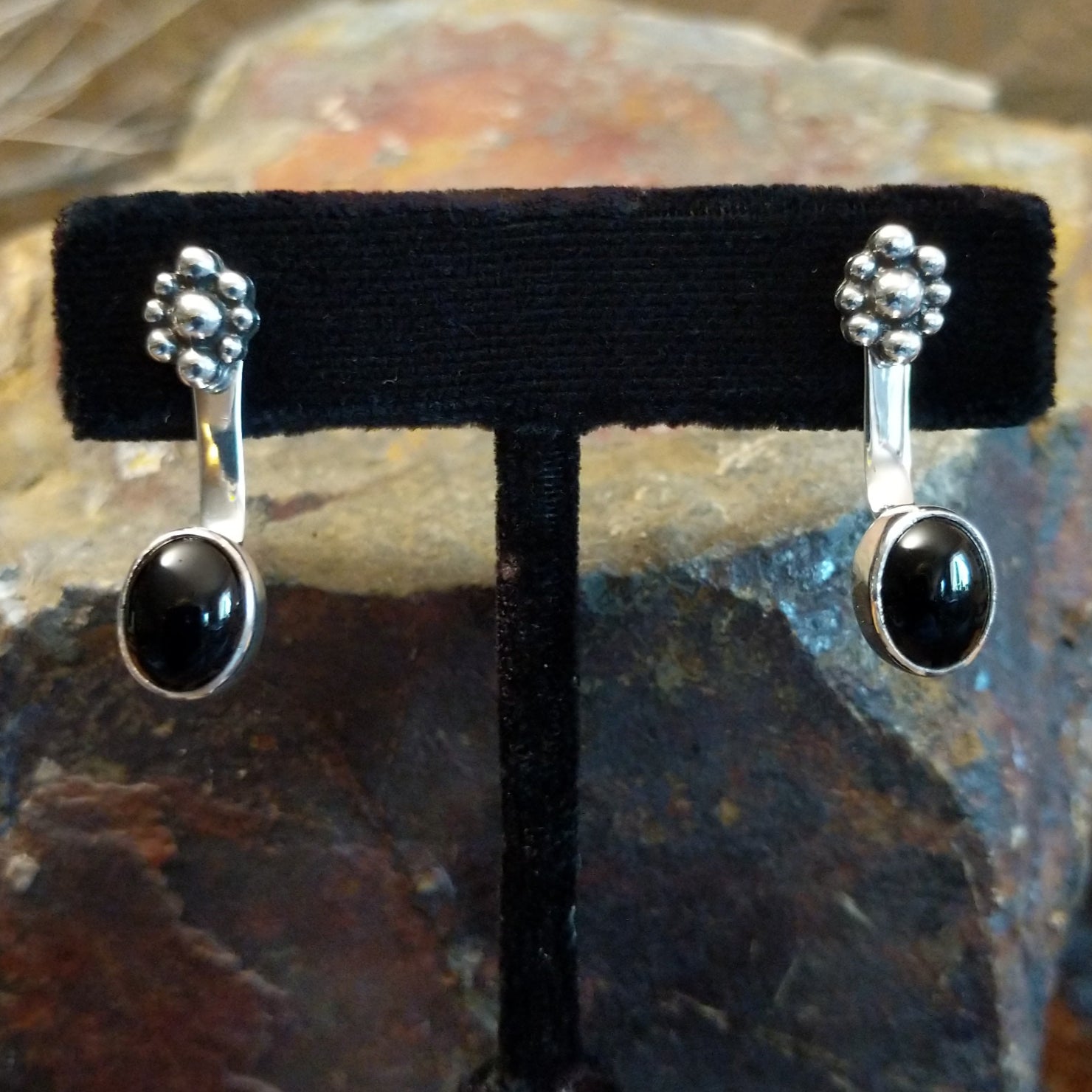 Navajo Made Black Onyx Adjustable Earrings by T. GJ-ERN-0087