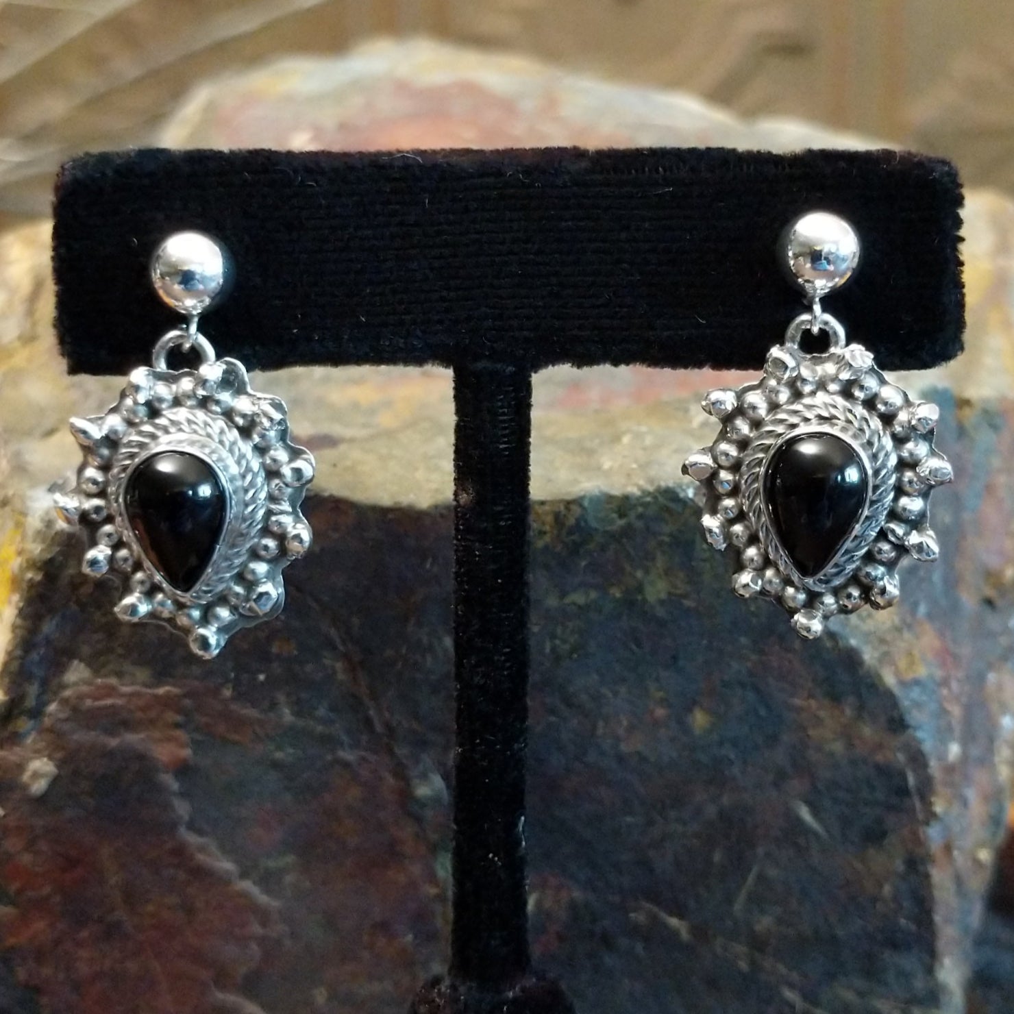 Navajo Made Ornate Black Onyx Teardrop Earrings GJ-ERN-0091