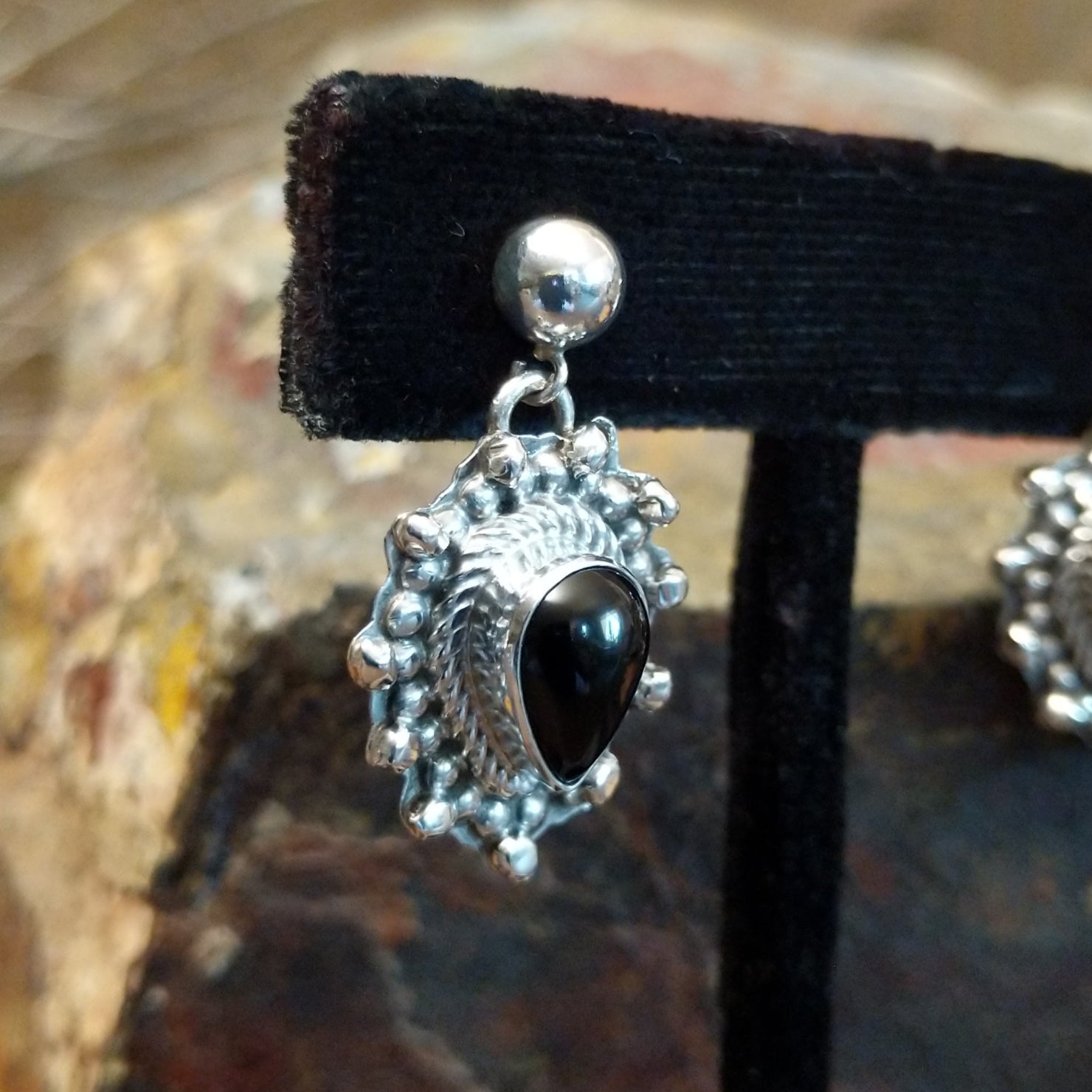 Navajo Made Ornate Black Onyx Teardrop Earrings GJ-ERN-0091