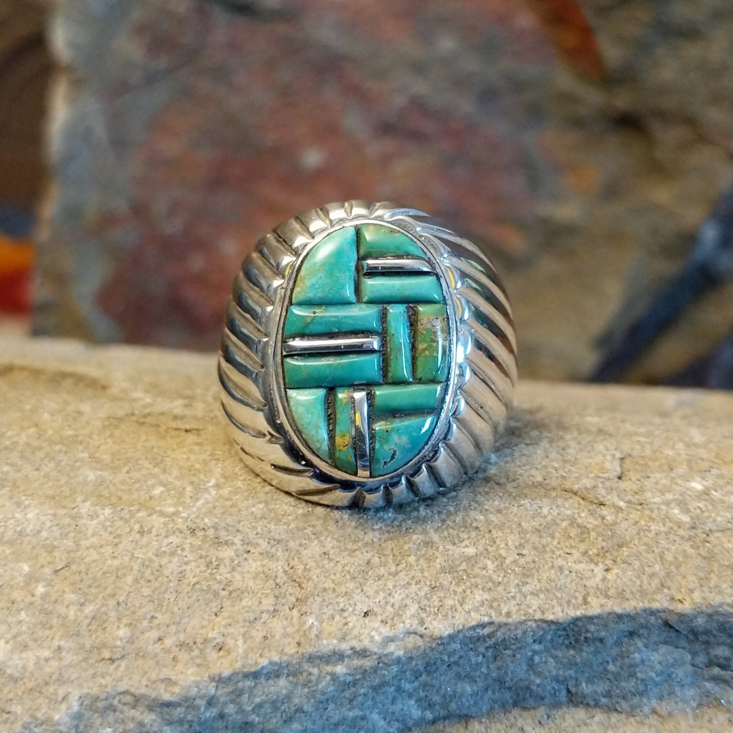 Navajo turquoise and Sterling silver inlay ring by L.C., size 11.