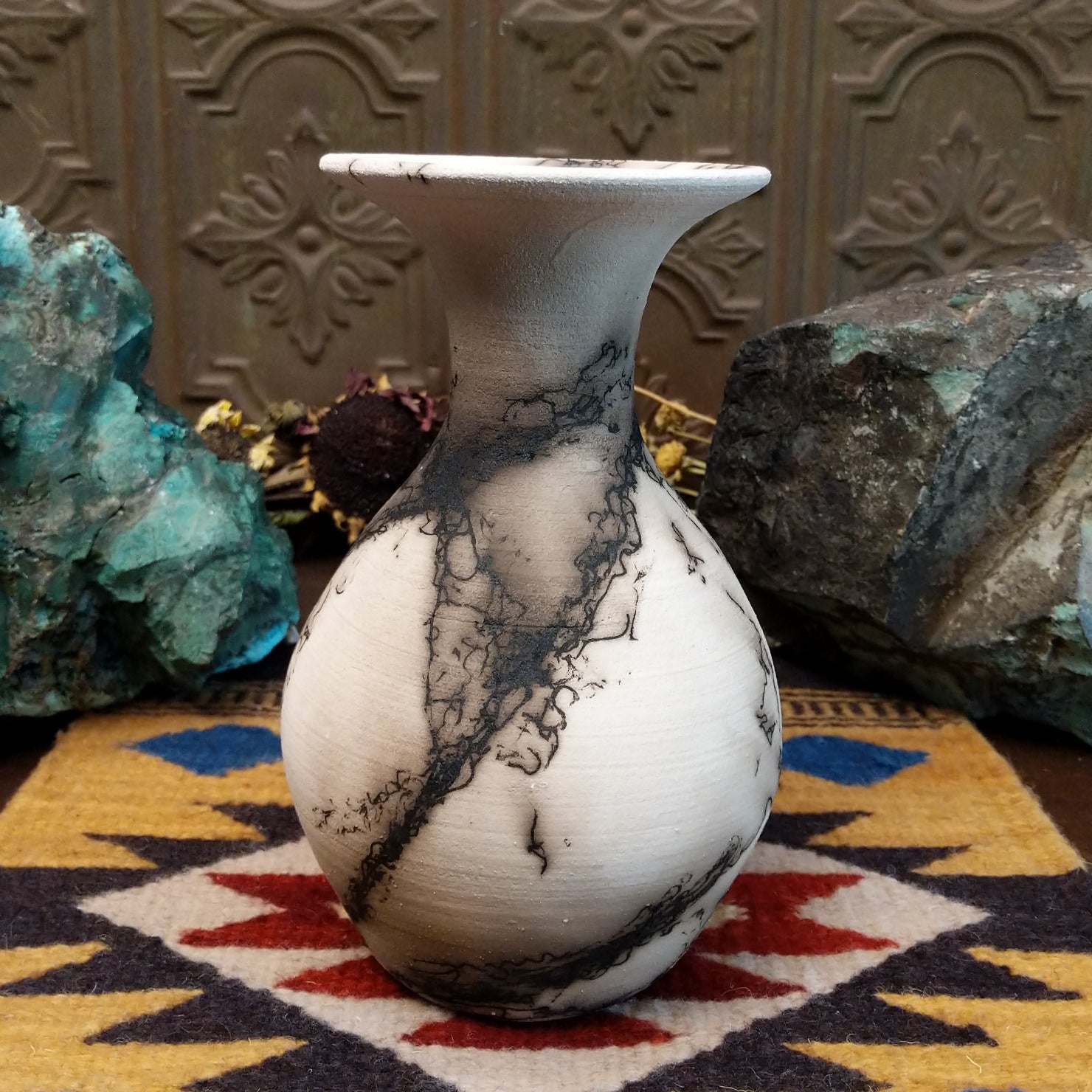 Medium flared white horsehair pottery vase by Jim Calhoun with a polished finish, smoky organic patterns, and a softly flared rim in Southwestern style.