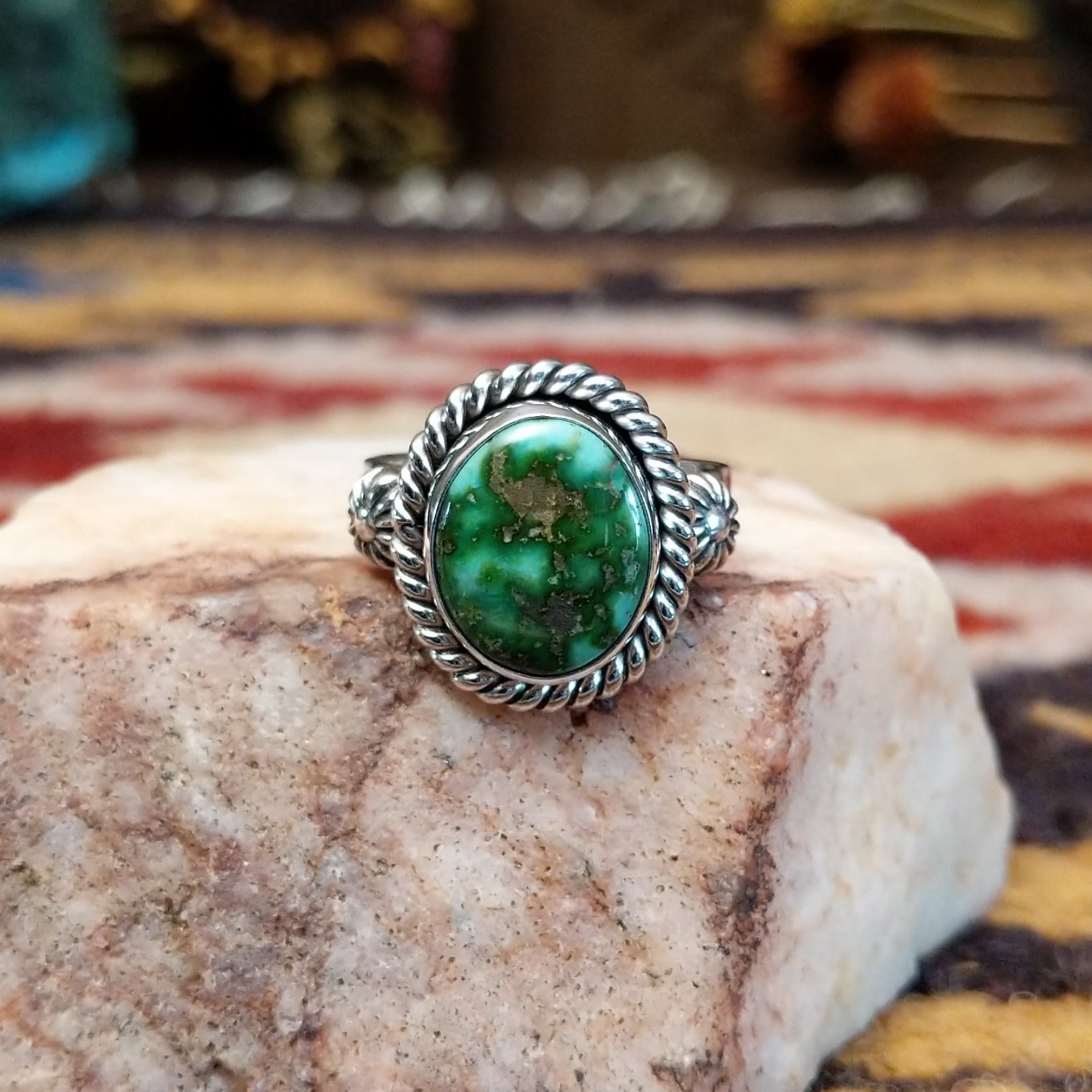 Handcrafted sterling silver circle ring by Artie Yellowhorse featuring a Sonoran Gold turquoise stone in a polished Southwestern Native American design.