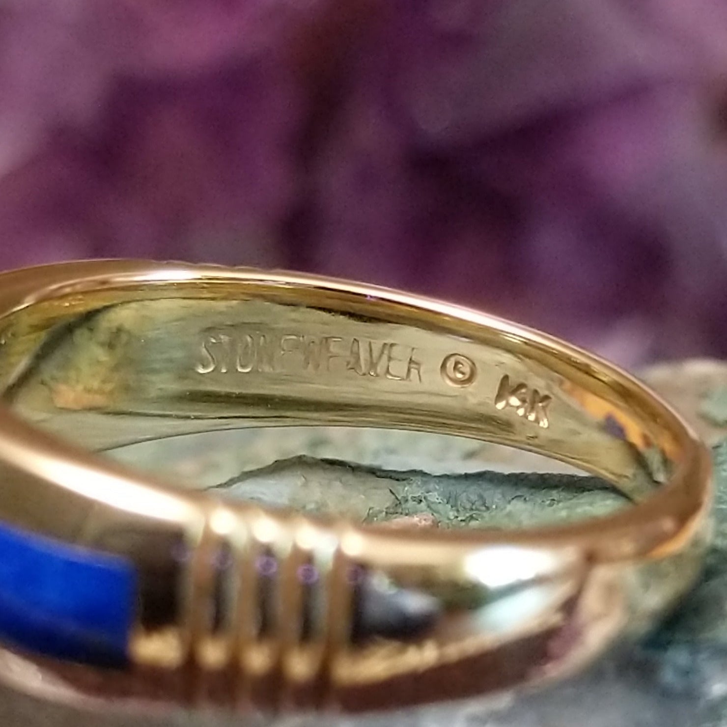 Navajo lapis inlay ring in 14K yellow gold, featuring deep blue lapis lazuli with natural flecks of pyrite set in a smooth polished gold band. Artisan and 14K gold stamp.