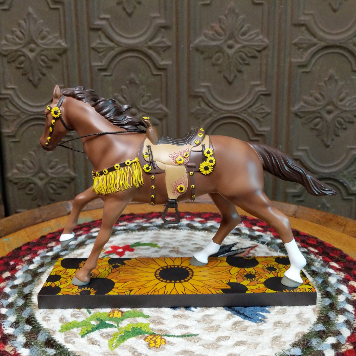 "Sunflower Sorrel" collectible pony by The Trail of Painted Ponies, featuring detailed hand-painted sunflower artwork, golden tones, and countryside-inspired design elements.