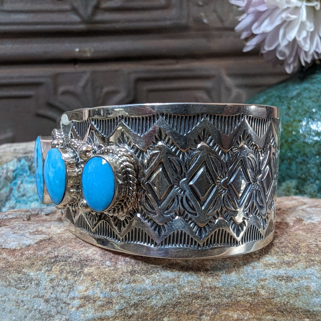 Navajo Handmade Sterling Silver & Multi Turquoise Stone Cuff Bracelet GJ-BRC-0029