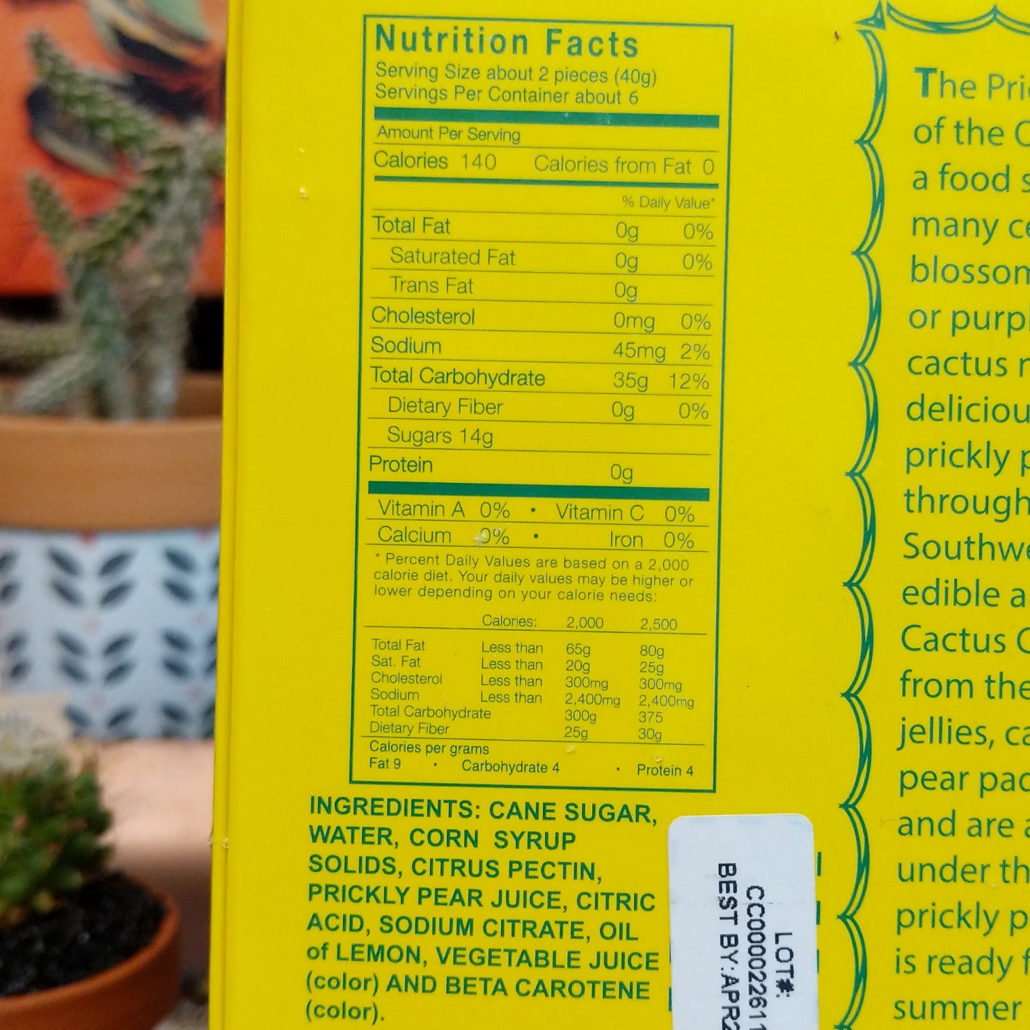 Box containing 12 individually wrapped prickly pear cactus candies. Southwestern-inspired candy assortment featuring colorful wrappers and the sweet, fruity flavor of prickly pear cactus fruit.