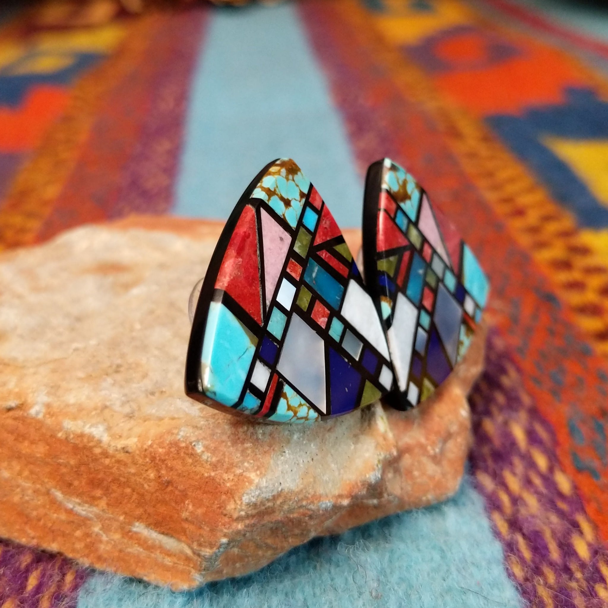 Santo Domingo Multistone Mosaic Earrings by Chris Nieto with fan-shaped geometric stone inlay.