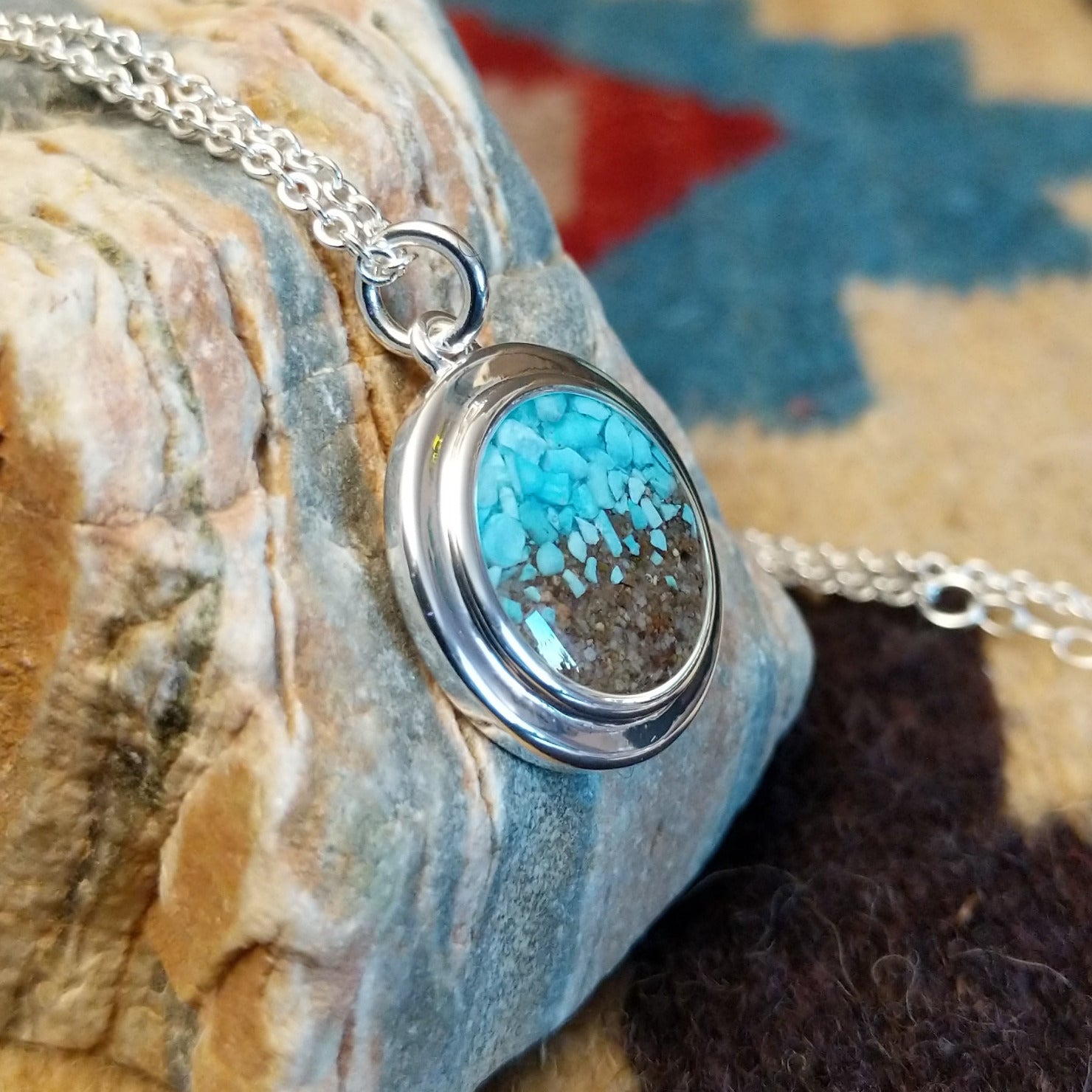 Silver-plated brass necklace with turquoise and San Pedro River sand set in the round bezel.