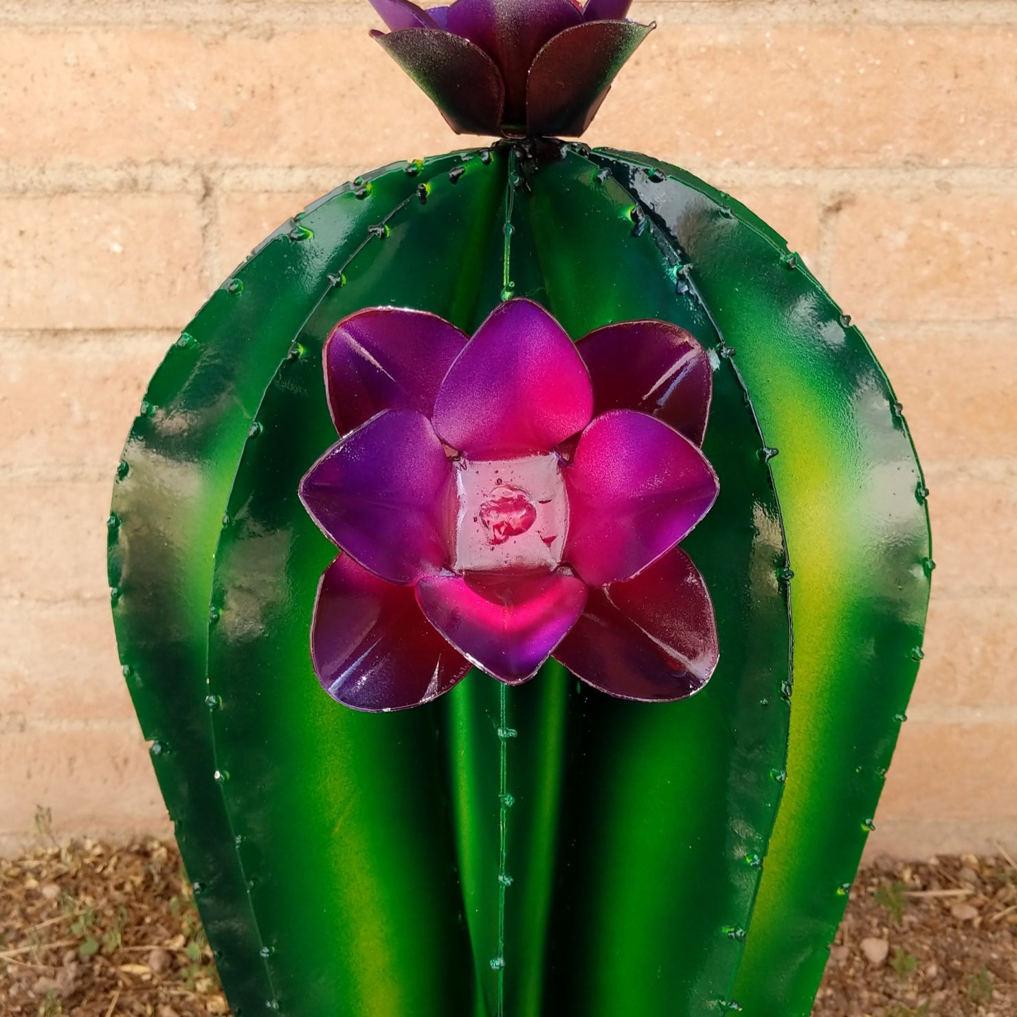Close-up reveals the purple flowers and intricate detailing along the cactus edges.