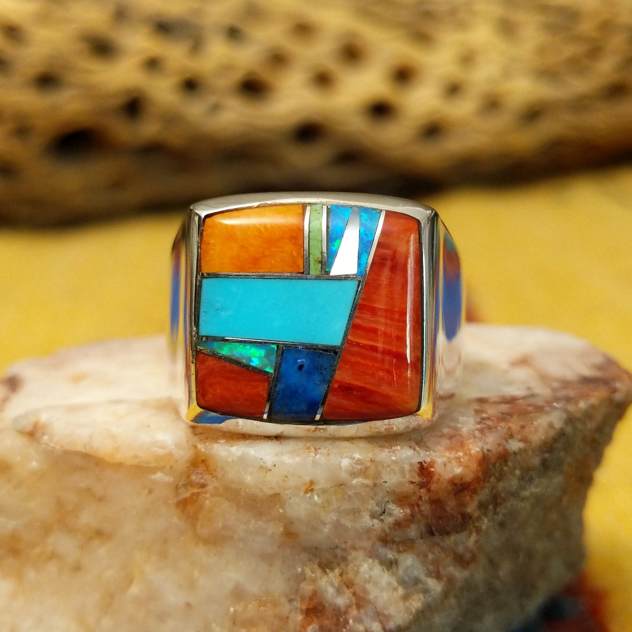 Square multistone inlay ring by Bernadine Joe, featuring a geometric arrangement of natural stones set in a handcrafted sterling silver band with traditional Southwestern-inspired craftsmanship.