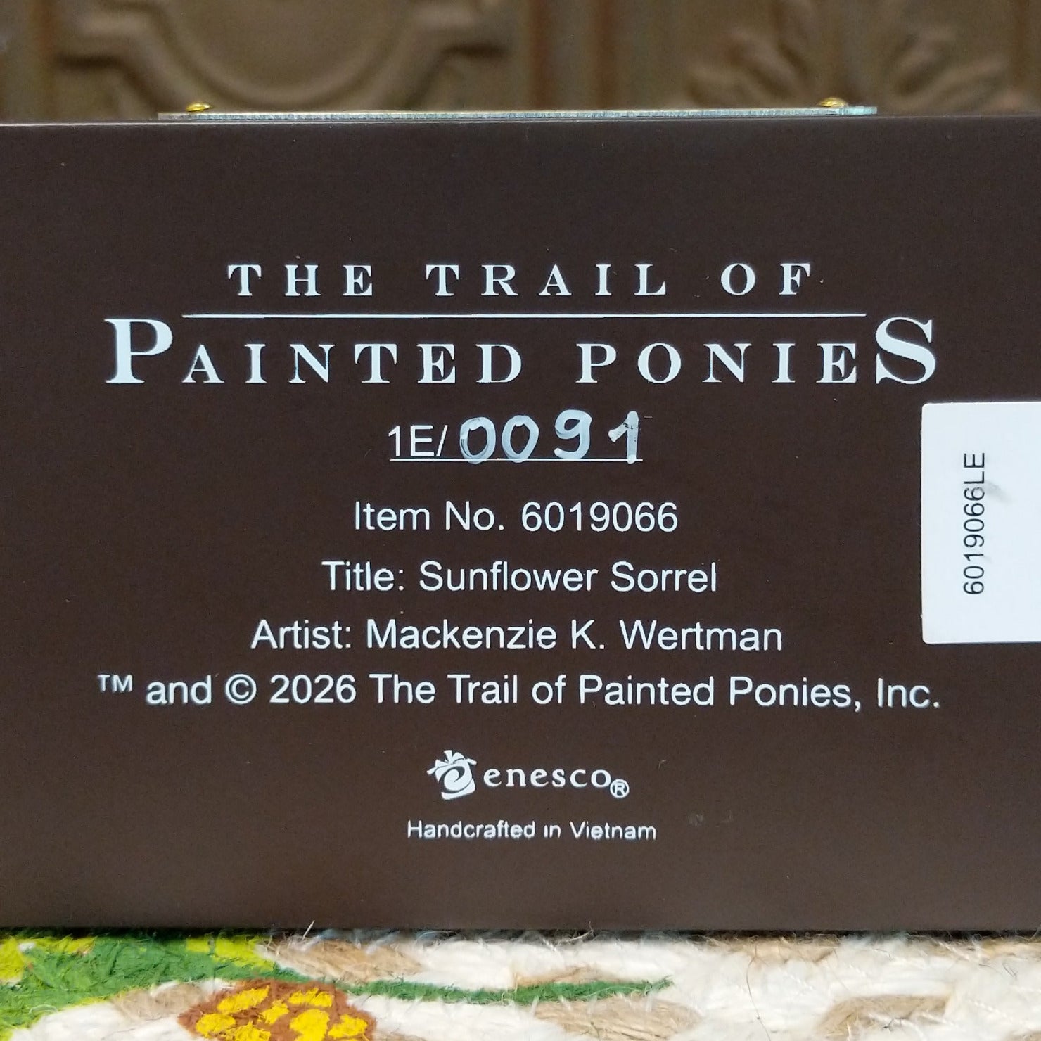 "Sunflower Sorrel" collectible pony by The Trail of Painted Ponies, featuring detailed hand-painted sunflower artwork, golden tones, and countryside-inspired design elements. Production number.