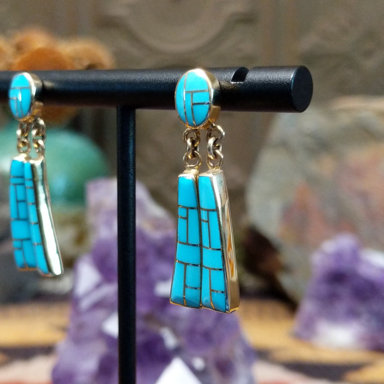14k gold dangle earrings by Tom Billy with turquoise inlay and dual tapered drops.