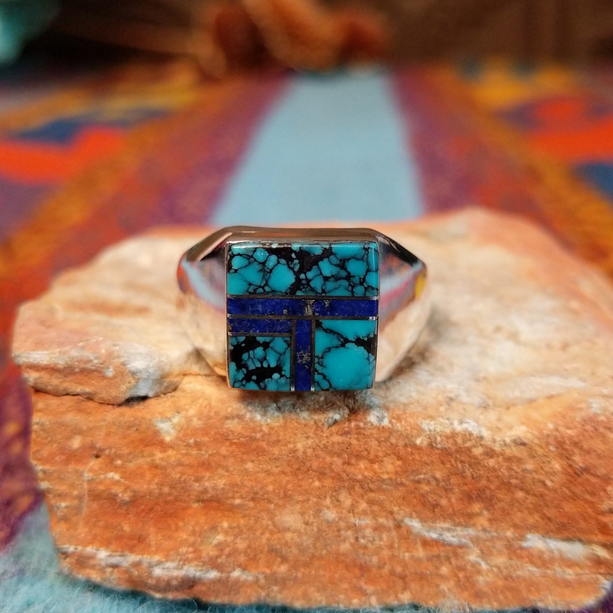 Turquoise & Lapis Square Inlay Ring by Wilbert Grey with geometric lapis lines and polished silver band.