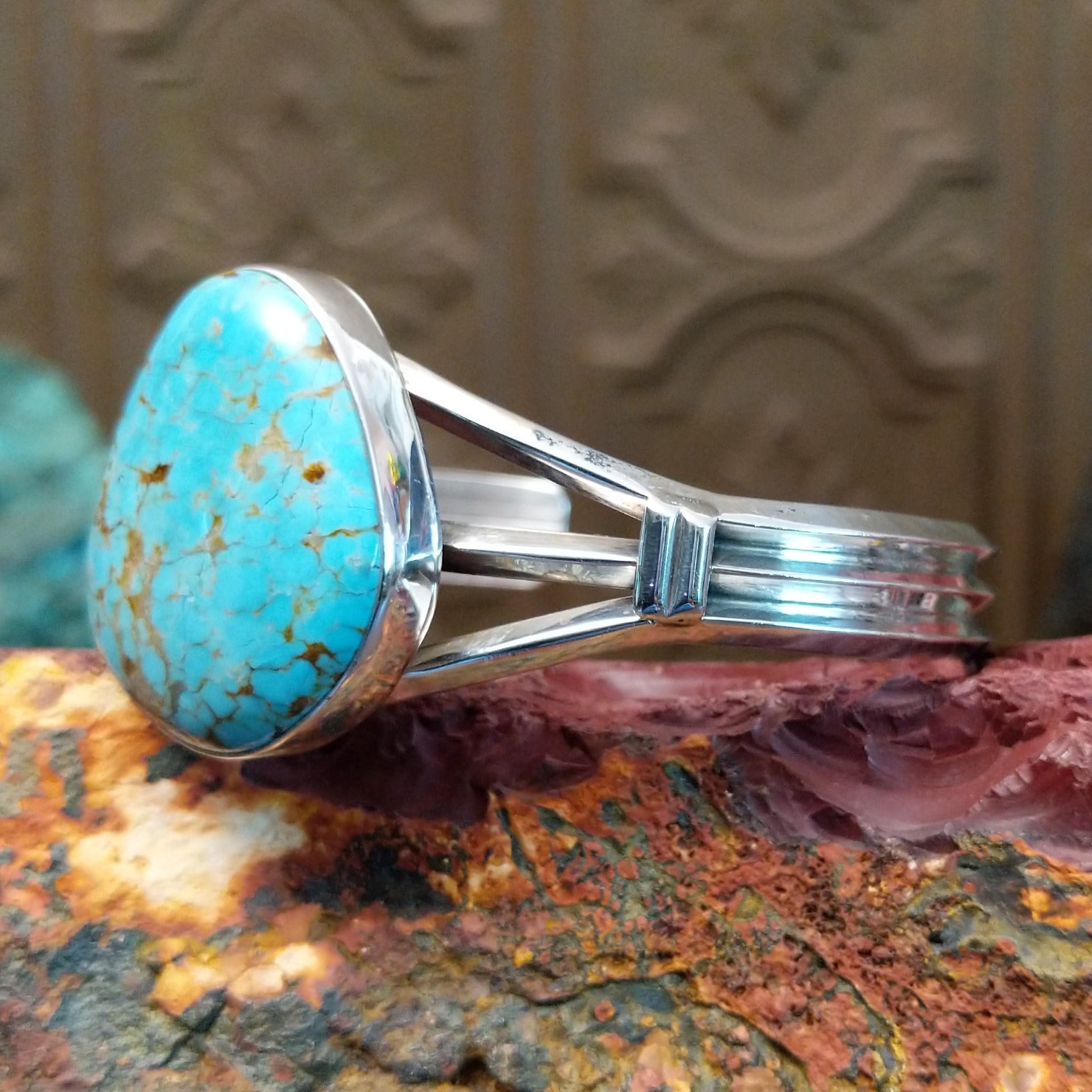 Sterling silver cuff features Turquoise Mountain turquoise set in a large bezel.