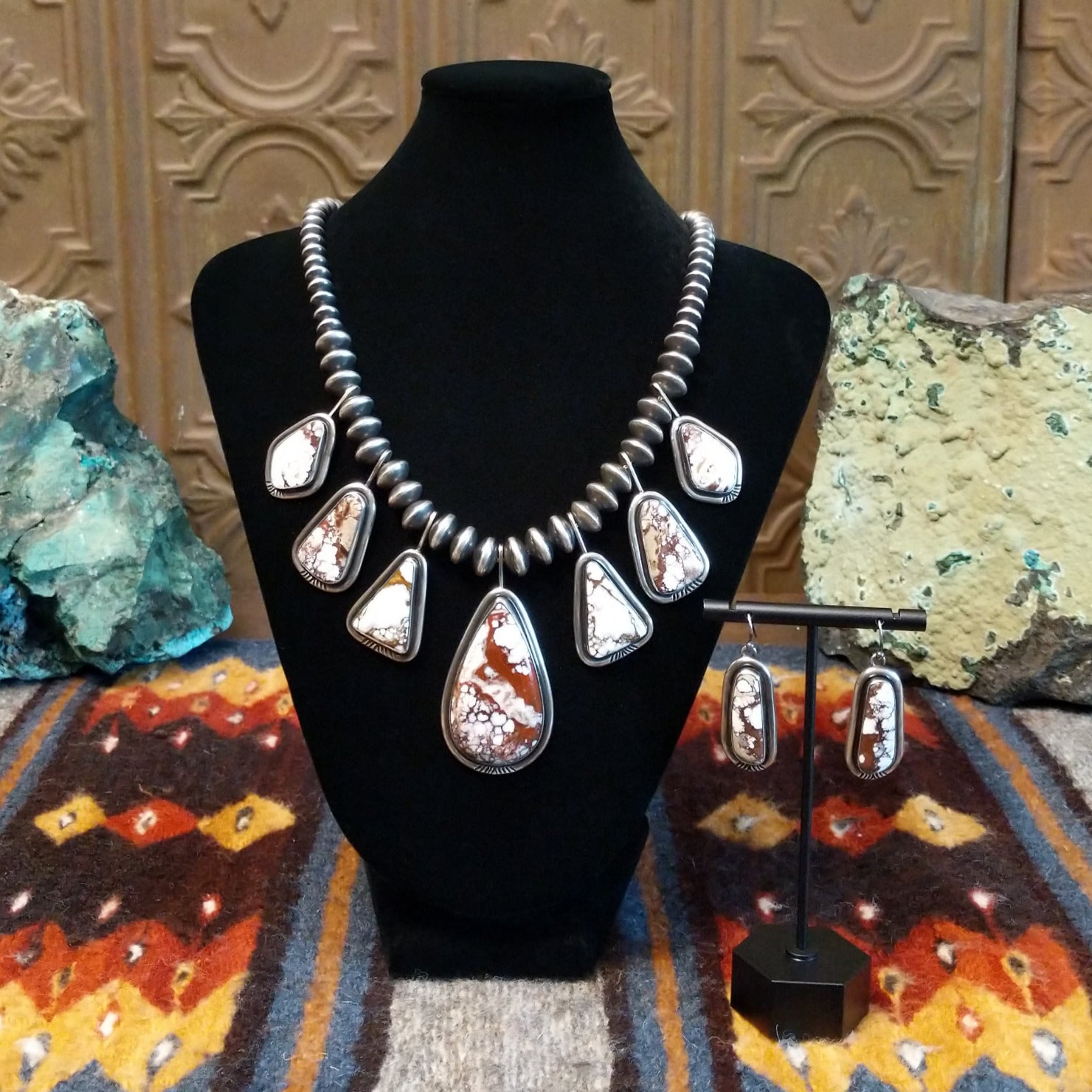 Wild horse stones set in sterling silver bezels and beads in various shapes and sizes.